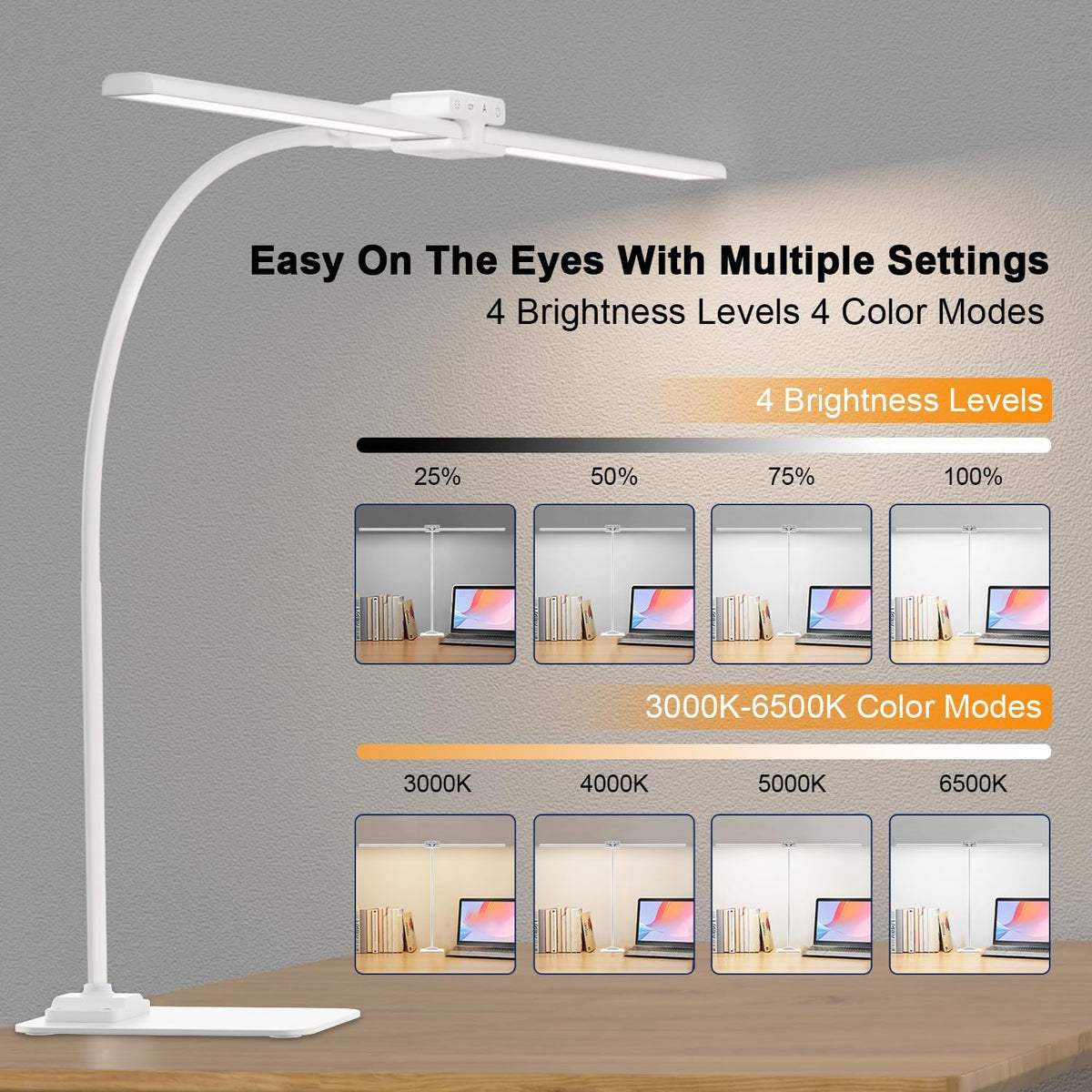 24W Led Desk Lamps with Base for Office Home, 31.5-in Double Head, White