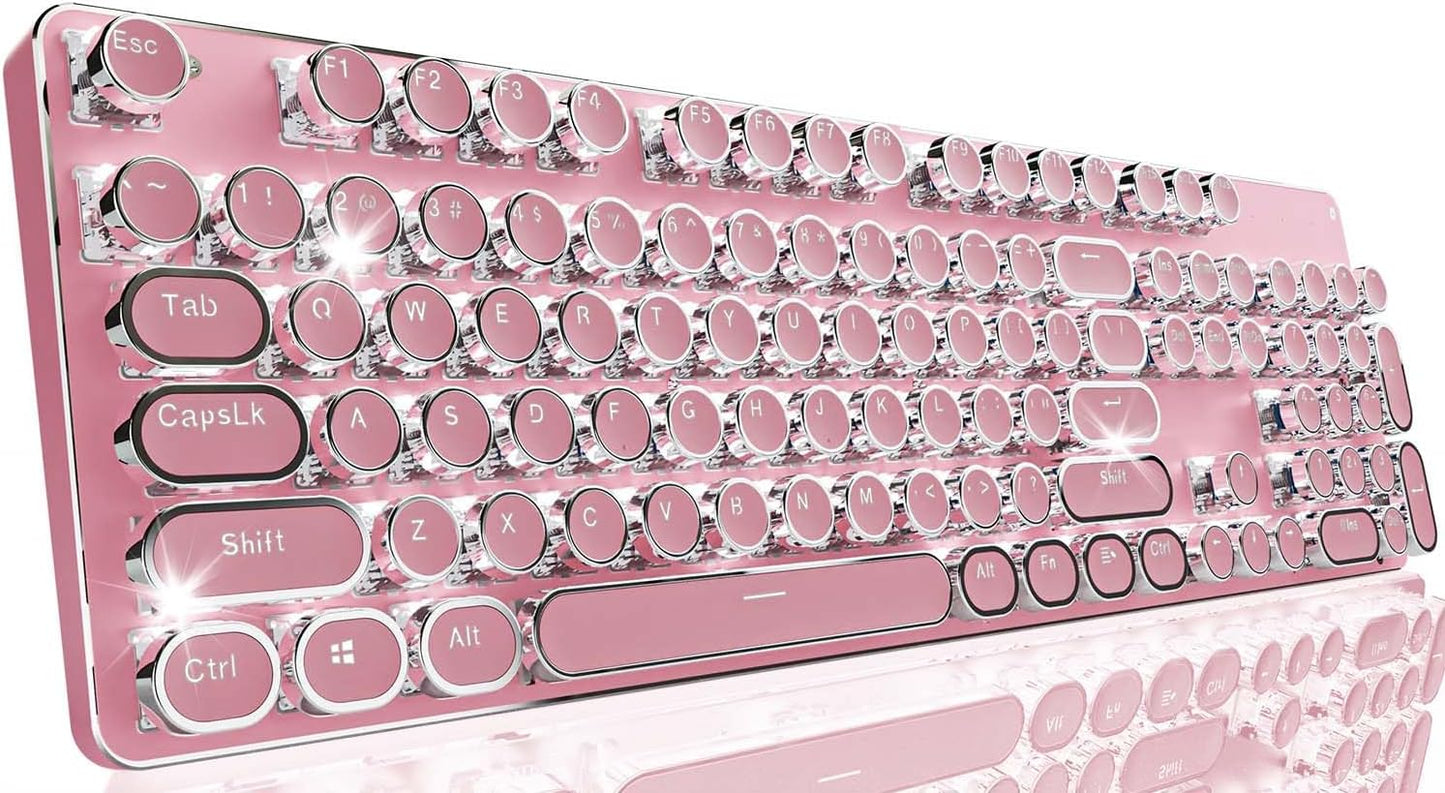 TK950 Typewriter Wireless Mechanical Keyboard, Aesthetic Tri-Mode Bluetooth/2.4G/Wired Retro Punk Typewriter Keyboard with White Backlit, Blue Switch, Round Keycaps for Laptop/Mac/iPad/Win, Pink