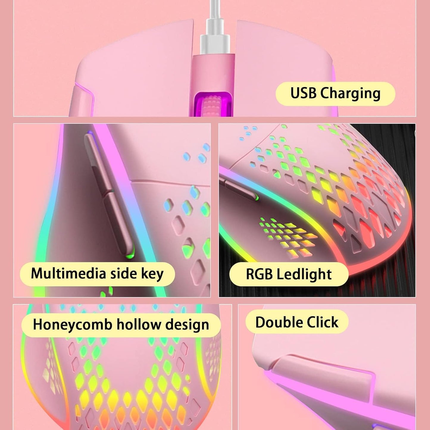 VEGCOO Wireless Gaming Mouse, C30 Silent Click Wireless Rechargeable Gaming Mouse with Double-Click Key and Colorful LED Lights, 3 Level Adjustable DPI for Gaming and Working (Pink)