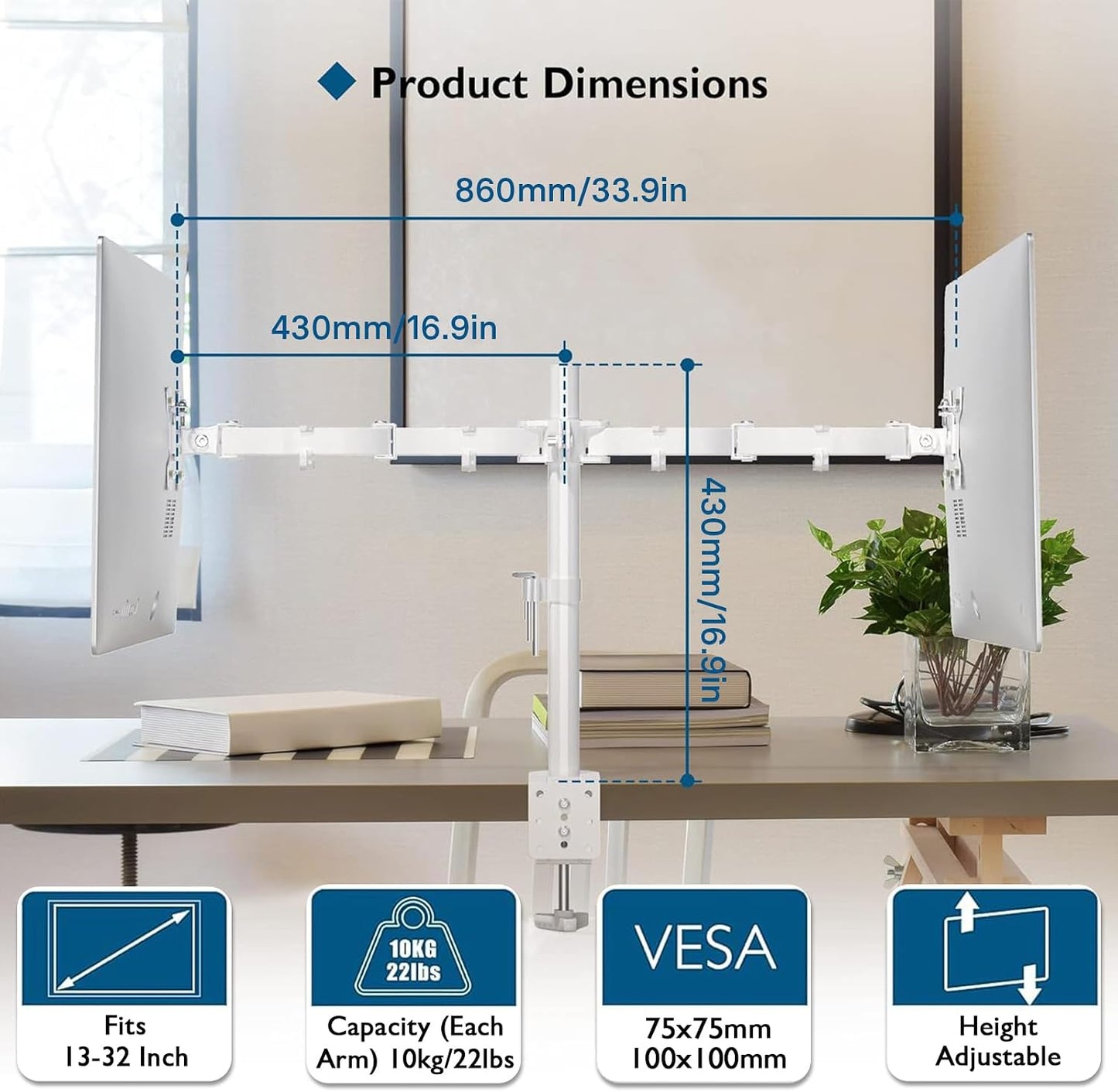 BONTEC Dual Monitor Desk Mount, 13-27 Inch, 22lbs, VESA 75x75/100x100,White | Full Motion Adjustable Stand, Heavy Duty Arms, C Clamp and Grommet Base, Cable Management for Flexible Screen Positioning