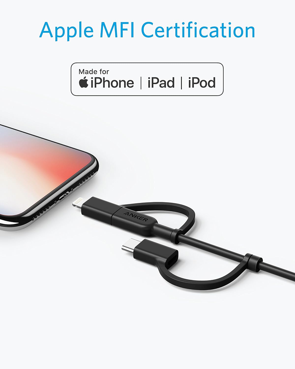 Anker Powerline II 3-in-1 Lightning, USB C, Micro USB Cable (3 ft, Black) | Compatible with iPhone, iPad, Huawei, HTC, LG, Samsung, Sony Xperia, Android Devices, and More