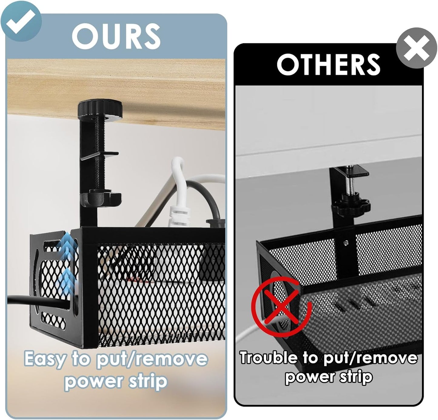 Cable Management, 25'' Cable Management Under Desk, Cable Tray | No Drill Under Desk Cable Management Tray, Cord Organizer with Clamp for Standing Desk, Desk Organizer for Home Office