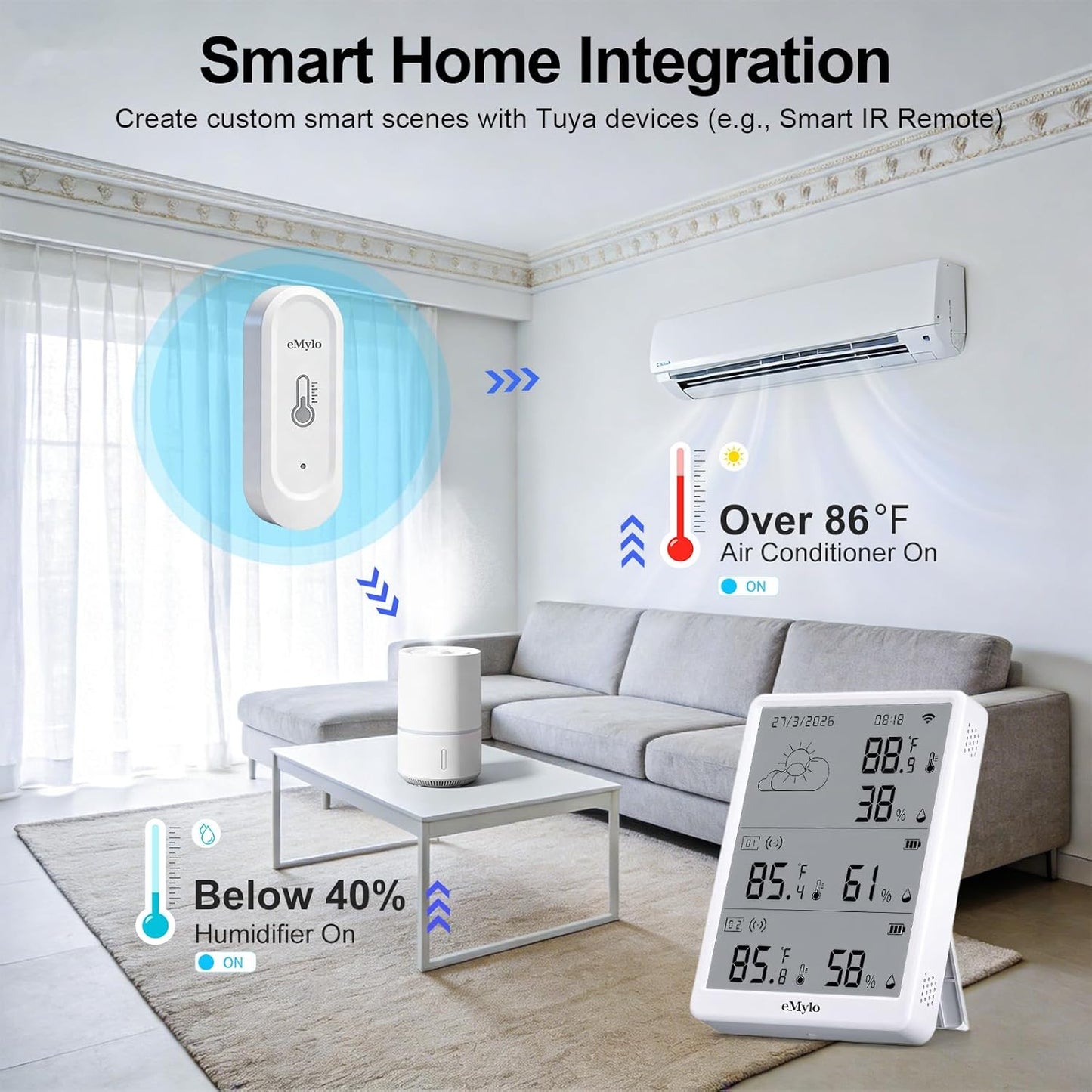 eMylo WiFi Thermometer Hygrometer with 2 IP65 Outdoor Sensors, 328Ft Range | Digital Temperature Humidity Monitor with App Alerts, Free Data Export, Indoor Thermometer for Home, Greenhouse, Wine Cellar﻿
