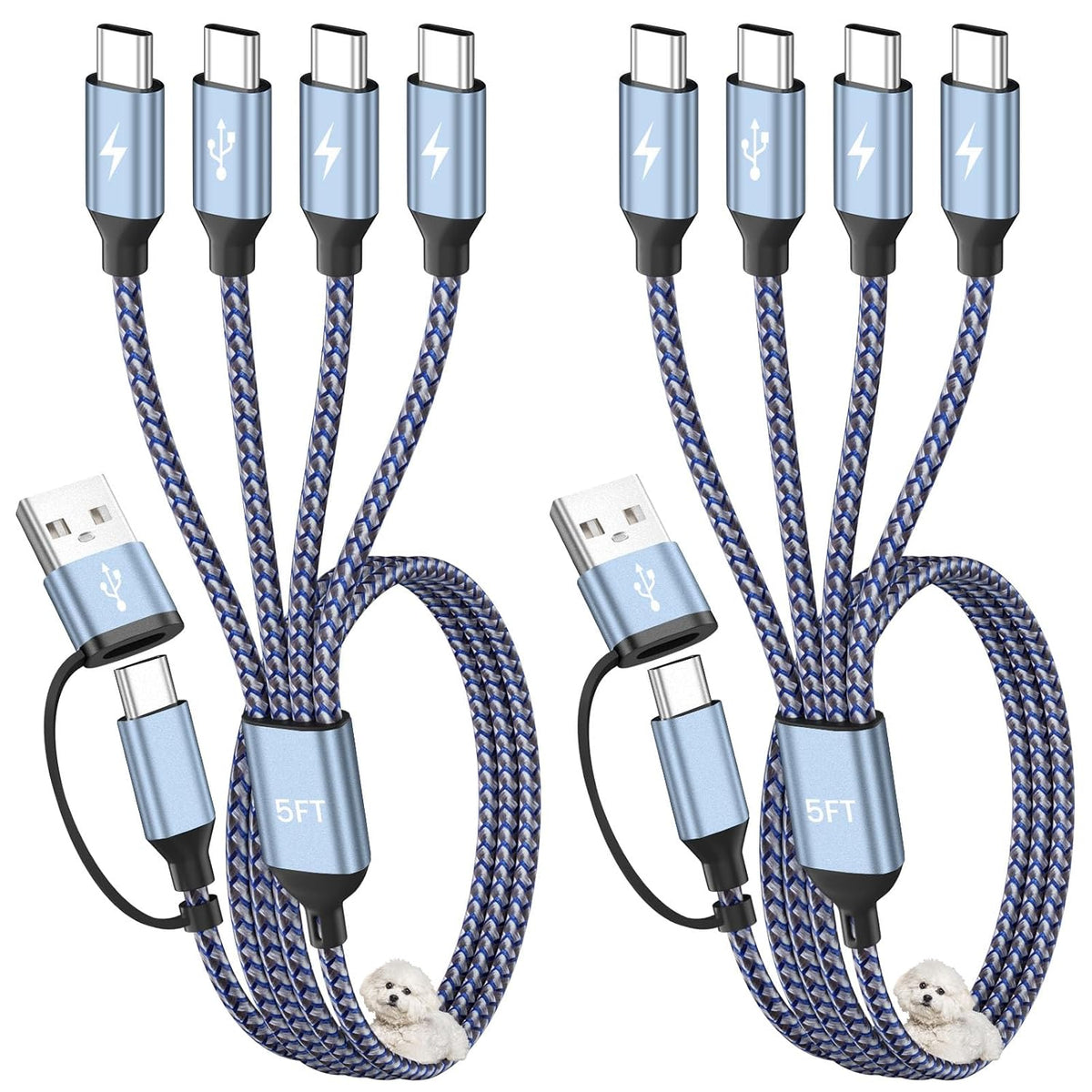 USB C Splitter Multi Charging Cable with 4 Type-C Ports, USBC to USBC Cable | Charger Cable for Multiple Devices, Car CarPlay 4IN2 Multi Charger Cord for Cell Phones and More, Travel Essentials 5FT 2PCS