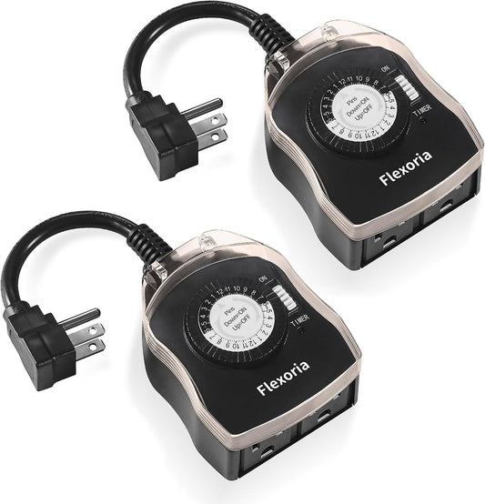 Outdoor Timer Outlet Waterproof, 24 Hour Mechanical Plug in Light Timer, 2 Grounded Outlets for Outdoor Lights, 15A 1/2 HP, ETL Listed (2 Packs)