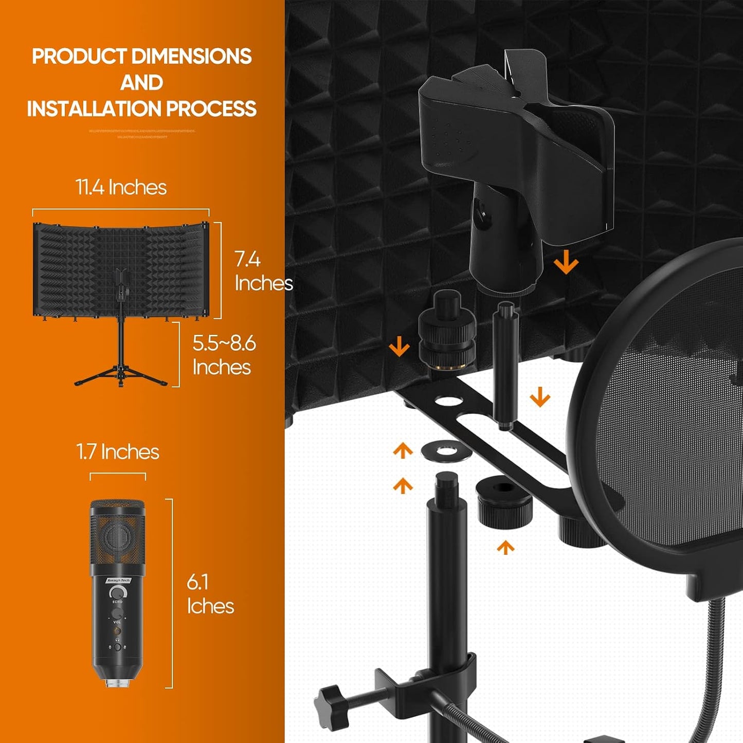 Studio Recording Microphone Isolation Shield with Pop Filter and Metal Tripod Stand, Studio Mic to PC Laptop Smartphone, Music Microphone for Recording Singing Podcasting
