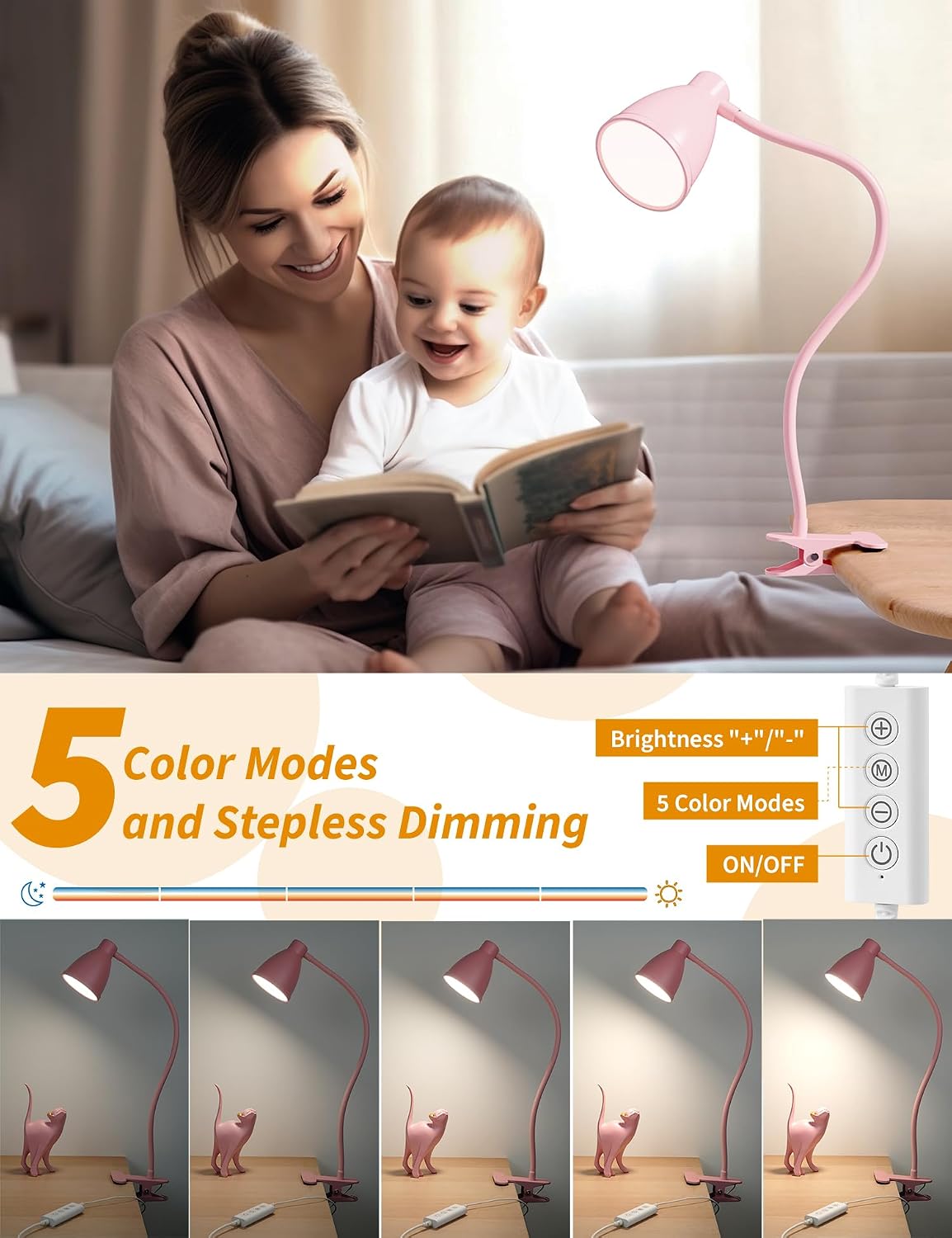 BOHON Cute Desk Lamp with Clamp Clip on Light, 5 Color 10 Brightness, Pink