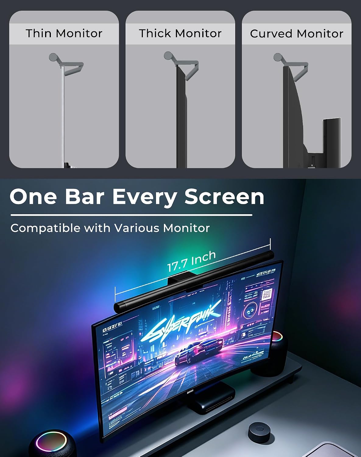 RGB Monitor Light Bar with Wireless Remote, Dual-Source Gaming Computer Lamp for Curved & Flat Monitors (0.39"-1.18"), Ambient Backlight, Stepless Dimming (Ra95), No Glare Desk Setup