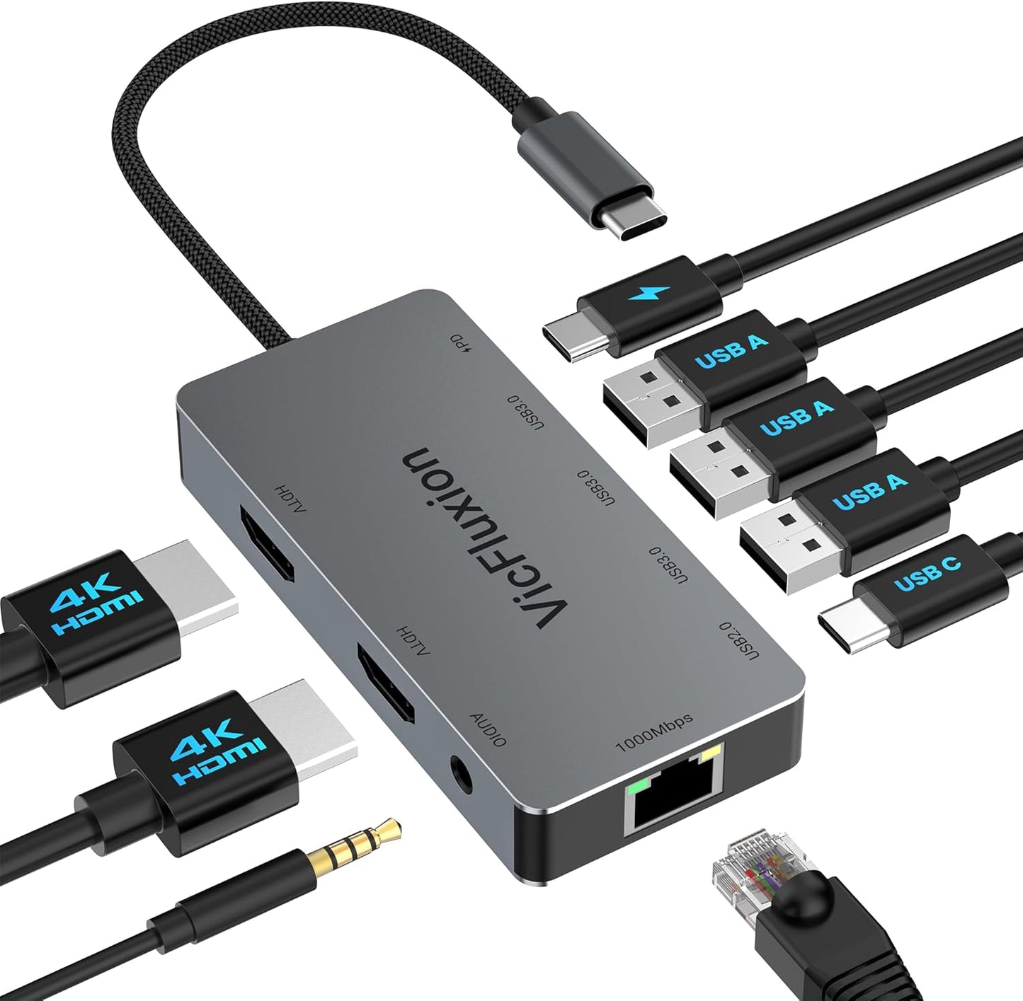 USB C Docking Station Dual Monitor for Laptop, 9-in-1 USB Hub with 2 HDMI | 4K@60Hz, Gigabit Ethernet, 3*USB 3.0, 1*USB C, PD 100W, 3.5mm Audio, USB C Dock for Laptop/Computer/Tablets/Windows