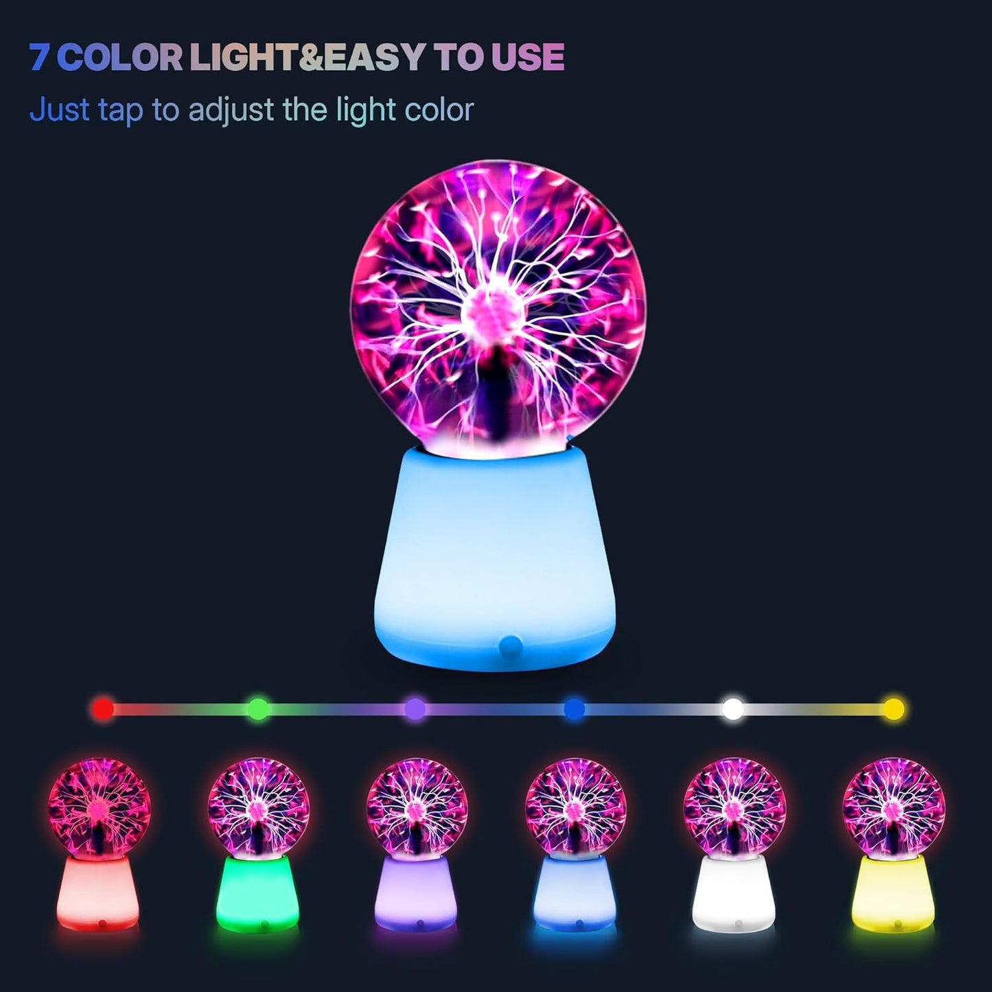 Plasma Ball Lamp 3-Inch, Touch Reactive Lightning Globe, USB-C Powered Electric Plasma Ball, 7-Color LED Base Night Light, Interactive STEM Science Toy, Desk Decor Gift