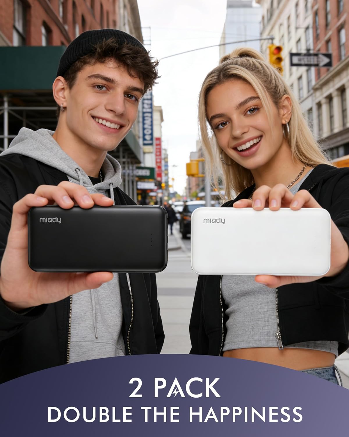 Miady 2-Pack Portable Charger, Slim 10000mAh Power Bank Travel Battery Pack | Dual USB丨3 Outputs 2 Inputs丨for Backpack Travel Camping丨Slim丨Compatible with iPhone Android etc丨Flight-Safe丨37Wh丨Black+White