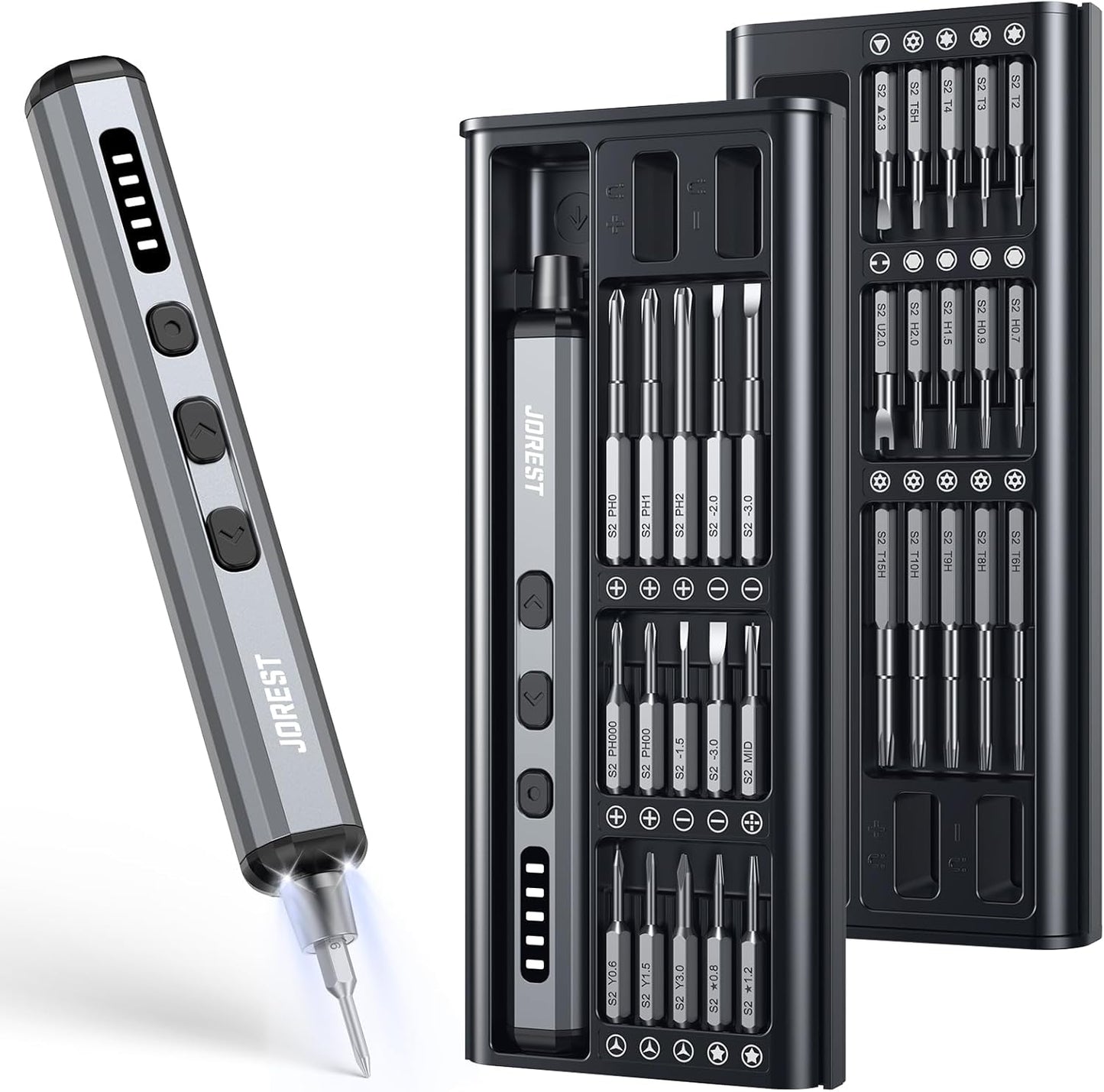 JOREST Mini Electric Screwdriver, Small Cordless Precision Screwdriver set with 38 Magnetic Bits, 5 Torque Settings, Repair Tool for iPhones, Laptop, Drone, Game Console, Camera; Gift for Father