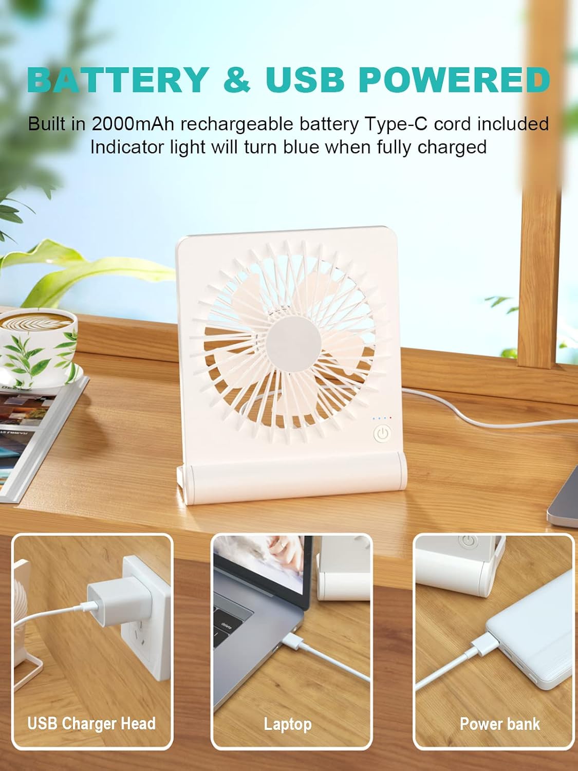 Desk Fan, Rechargeable Battery Operated, 3 Speeds Ultra Quiet Strong Wind | USB-C powered,180° tilt folding.25dB quiet.2000mAh battery:12/8.5/4.5hrs.Portable,personal fan for desk,office,home,bedroom.