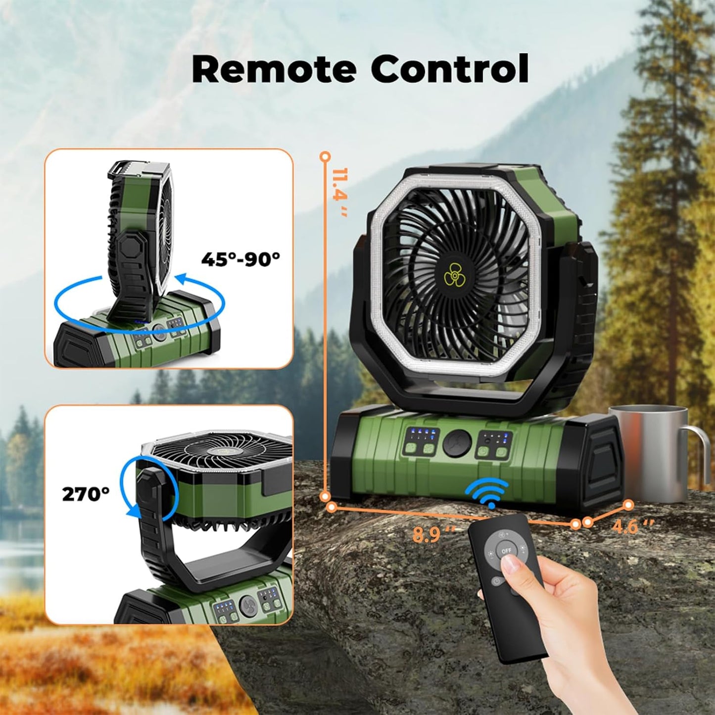 Camping Fan - 20000mAh Battery Powered Fan Rechargeable with LED Lantern - Portable Outdoor Tent Fans with Hanging Hook 4 Speeds Wind Remote Control, Green