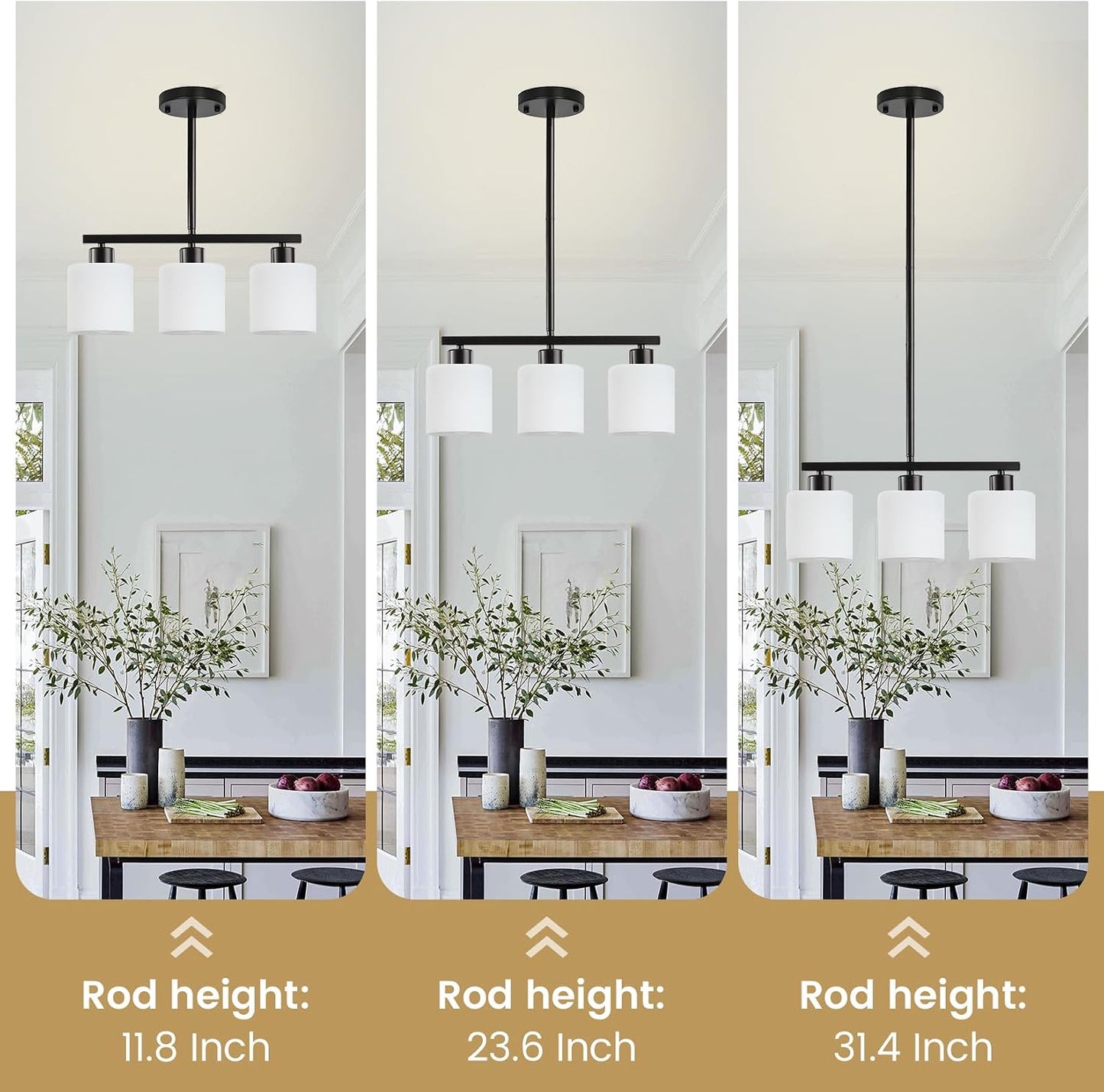 3-Light Kitchen Island Lighting, Black Pendant Light Fixture, Modern Hanging Light Fixtures with Milky White Glass, E26 Base, Bulbs Not Included