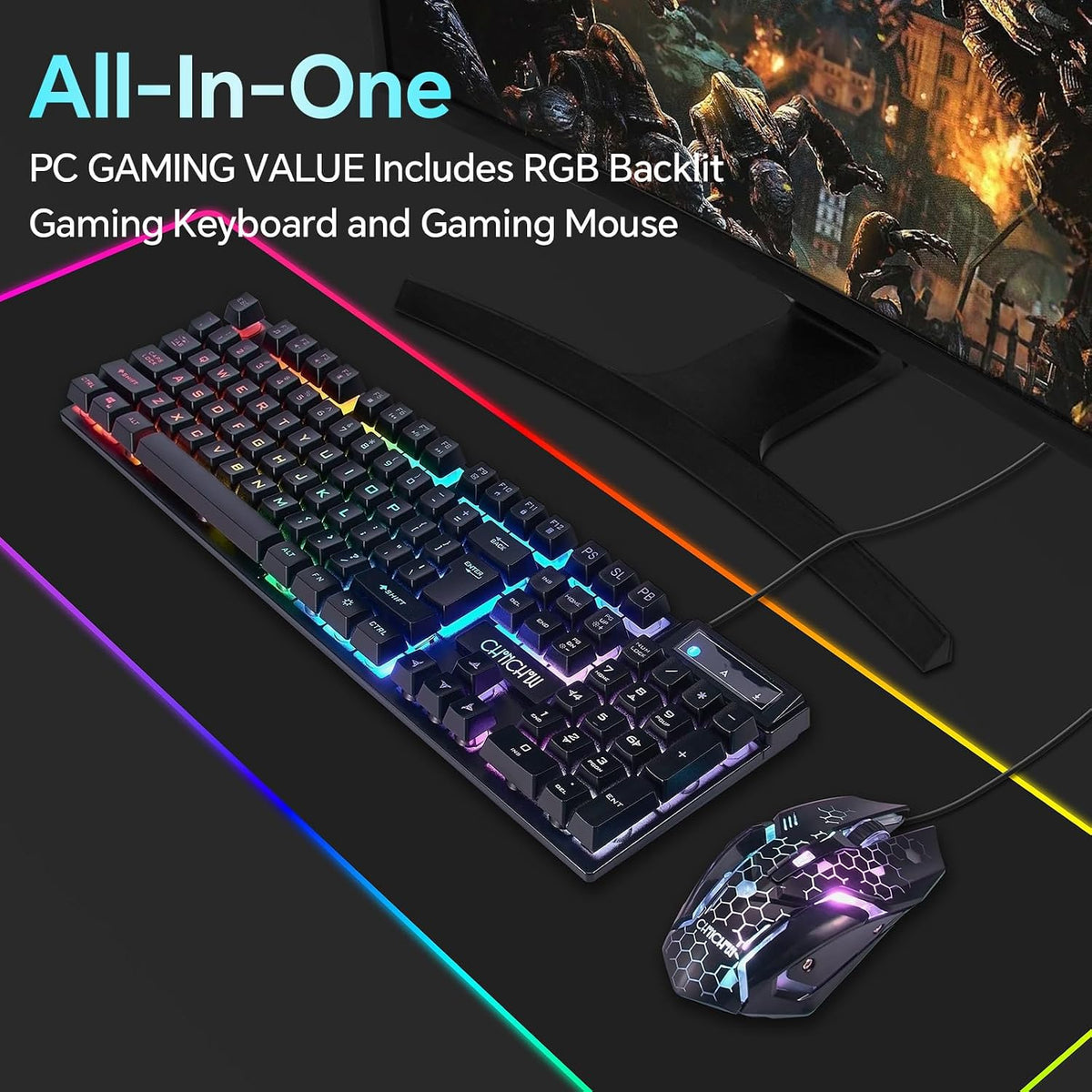 CHONCHOW Gaming Keyboard and Mouse Combo, Wired RGB Backlit for PC Gamer | Mechanical Feel, Anti-ghosting, USB Light Up Keyboard 3200DPI Gaming Mouse, LED Gaming Set for Laptop PS4 Xbox Mac Game Work