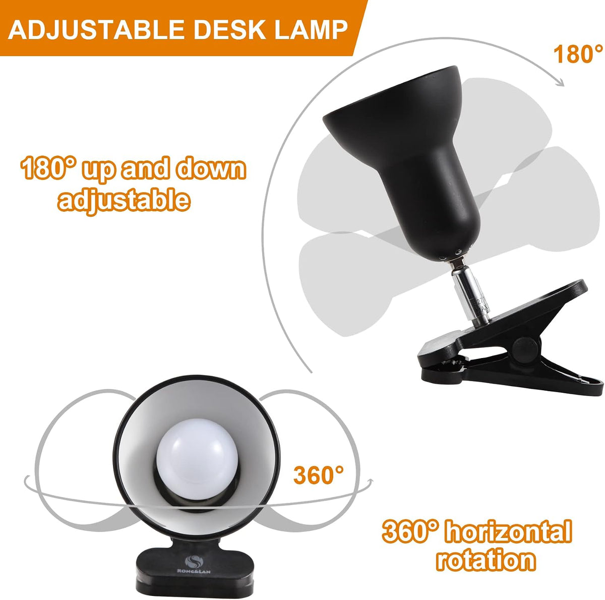 RONG&LAN LED Metal Clip On Light Clip on Lamp for Desk, 360° Adjustable Clamp Reading Light for Bed, Eye-Friendly Book Night Light for Desk Bed Table Dorm Room Bedroom Office Reading SUN-88 Black