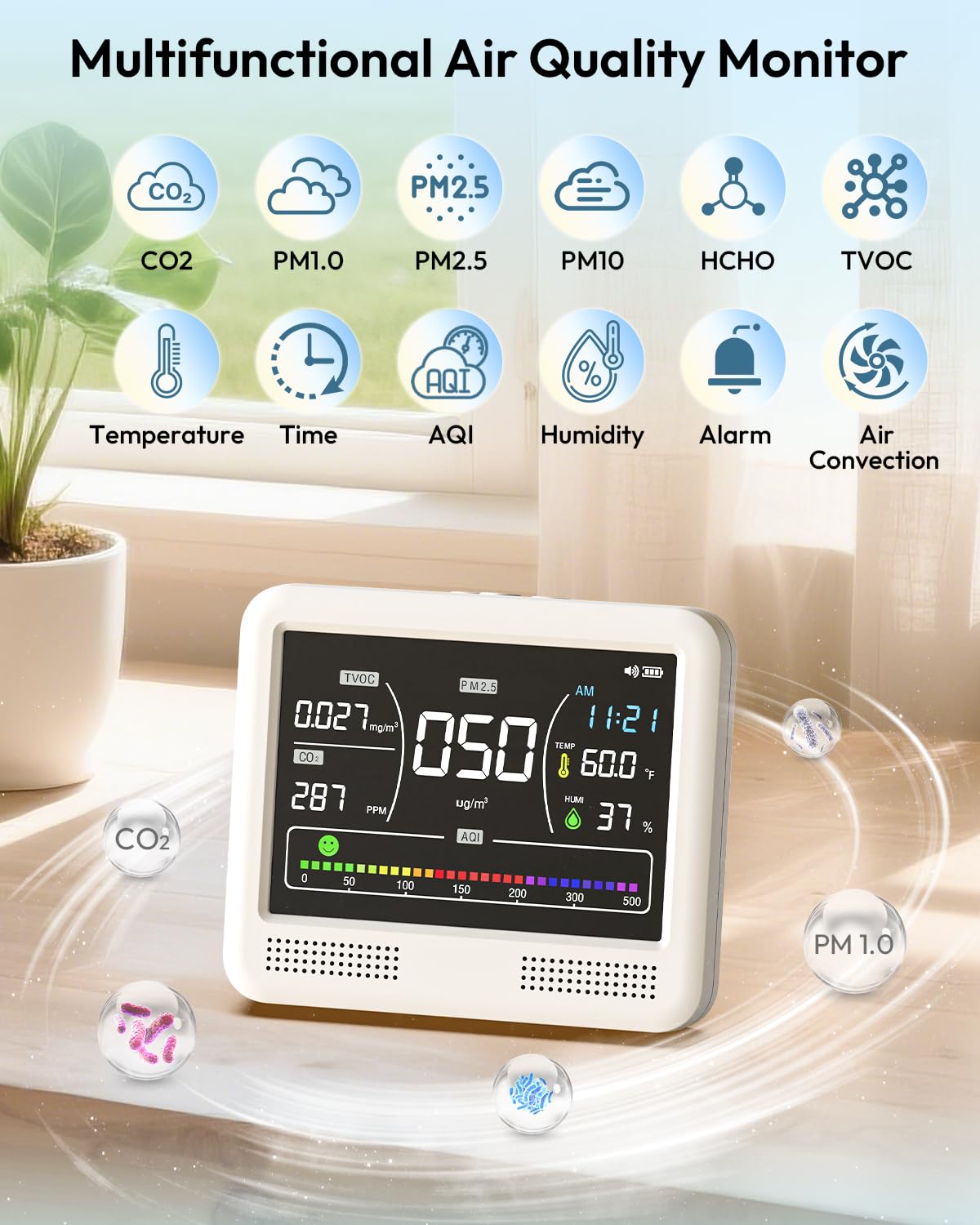 16-in-1 Air Quality Monitor Indoor, CO2 Monitor with 9 Readings & 7 AQI Alerts, Air Quality Tester for CO2, TVOC, HCHO, PM2.5 PM1.0 PM10, Temp Humidity & Time, Indoor Meter for Home Office (PureWhite)