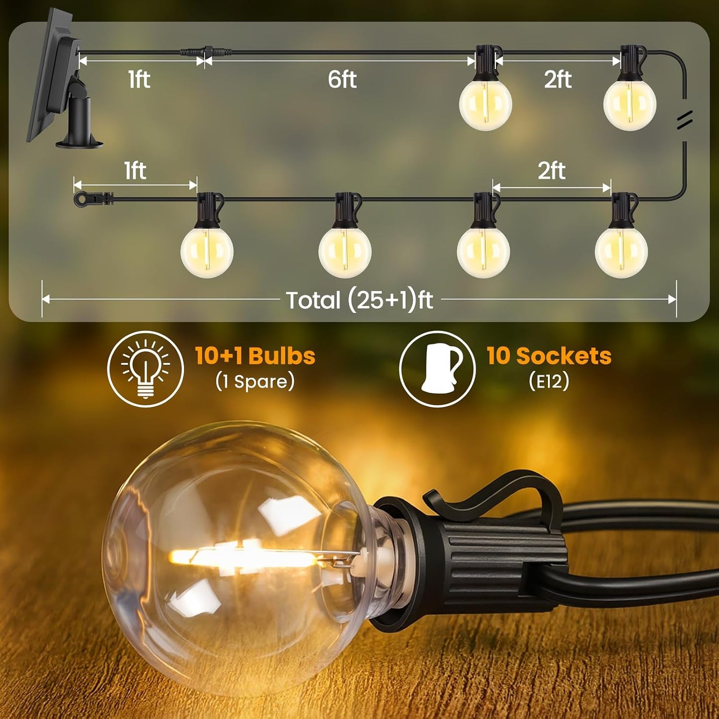 25FT Solar Powered String Lights with 10+1 LED G40 Bulbs, Black | IP65 Waterproof, Solar and USB Dual Charging, Auto On/Off, Shatterproof, Energy-saving, Patio Lights Balcony Backyard Decor