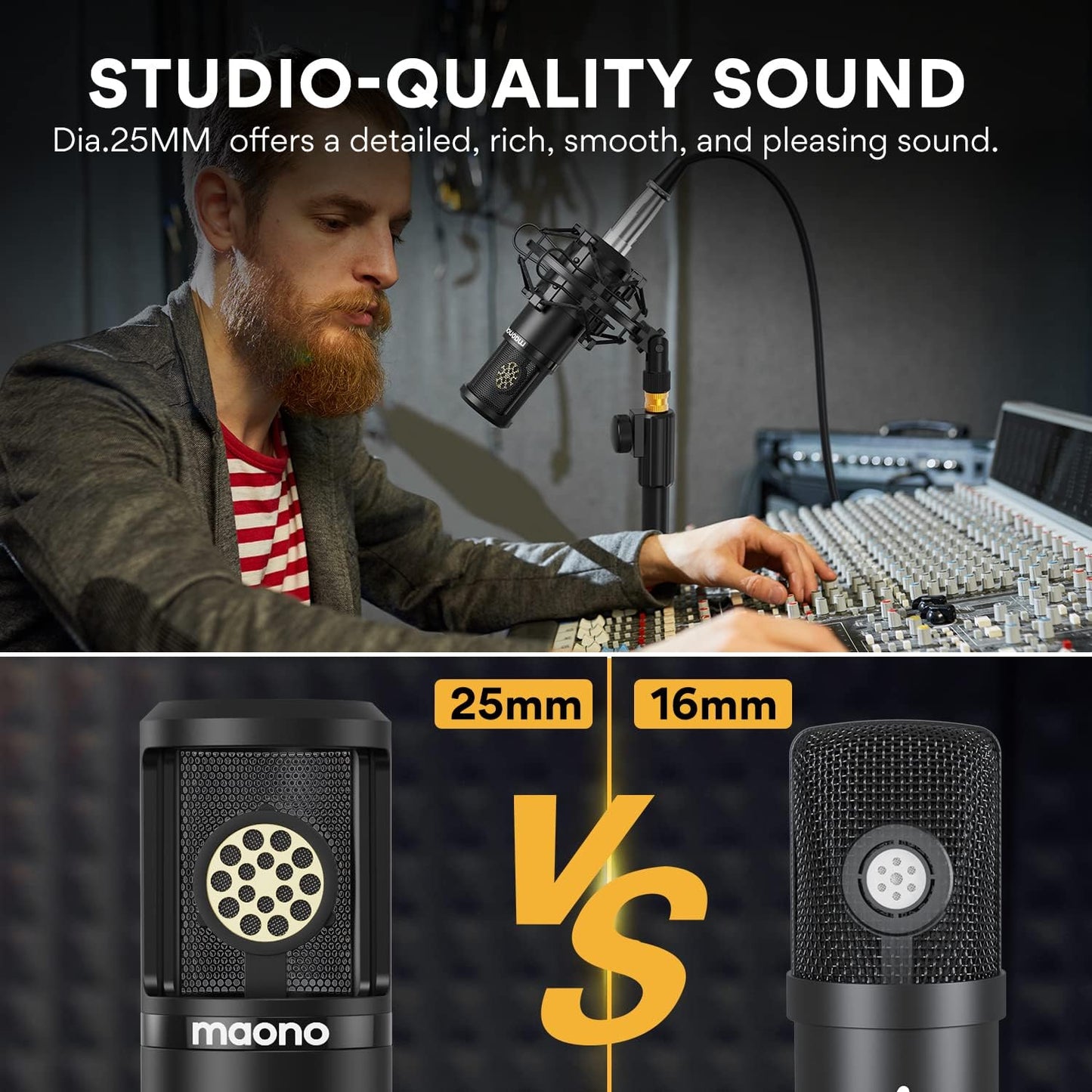 MAONO Condenser Microphone with 25mm Large Diaphragm, Professional Cardioid Studio Condenser Recording Mic with 3.5mm XLR for podcasting, Streaming, Singing, Vocal, Home-Studio (AU-PM325T)