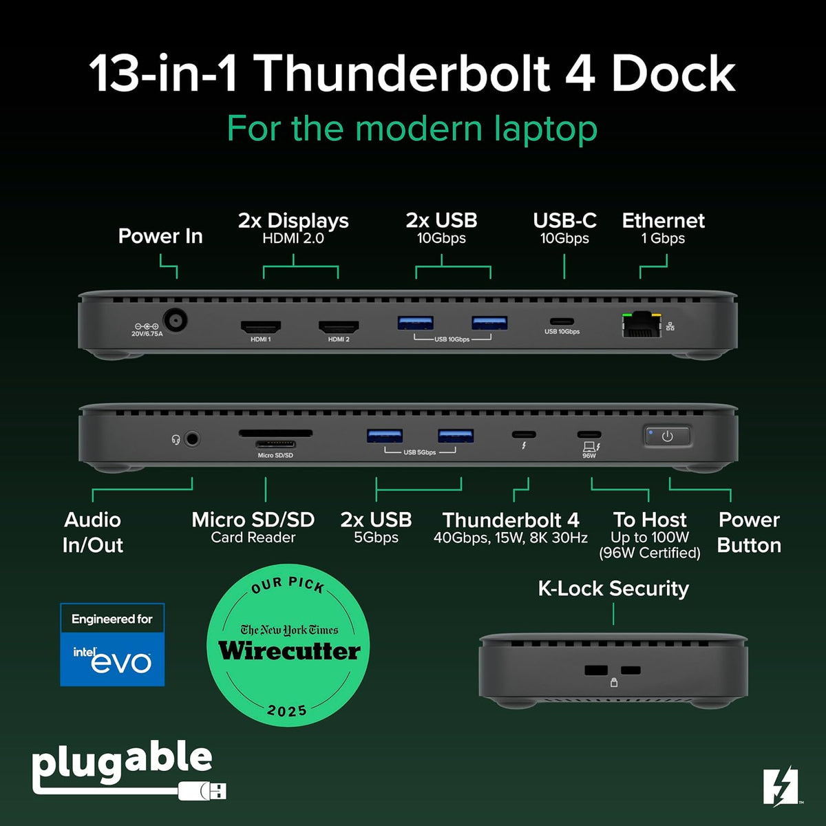 Plugable Thunderbolt 4 Dock with 100W Charging, Dual Monitor