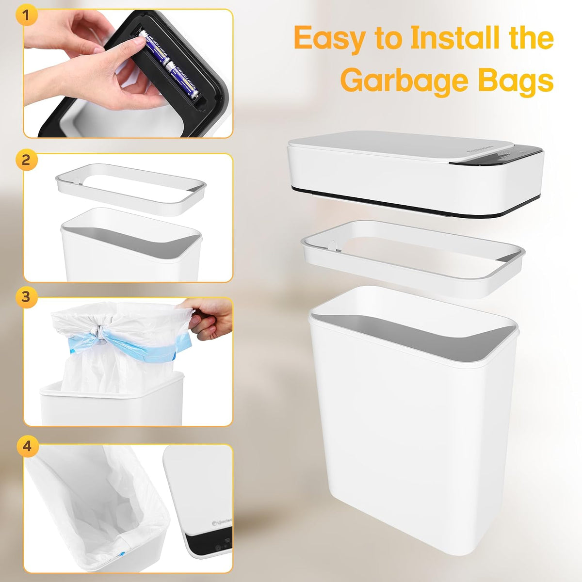 4 Gallon Bathroom Smart Touchless Trash Can for Kitchen Automatic Motion Sensor Rubbish Can with Lid Waterproof Narrow Small Garbage Bin for Kitchen, Toilet, Bedroom, RV(White,Battery)