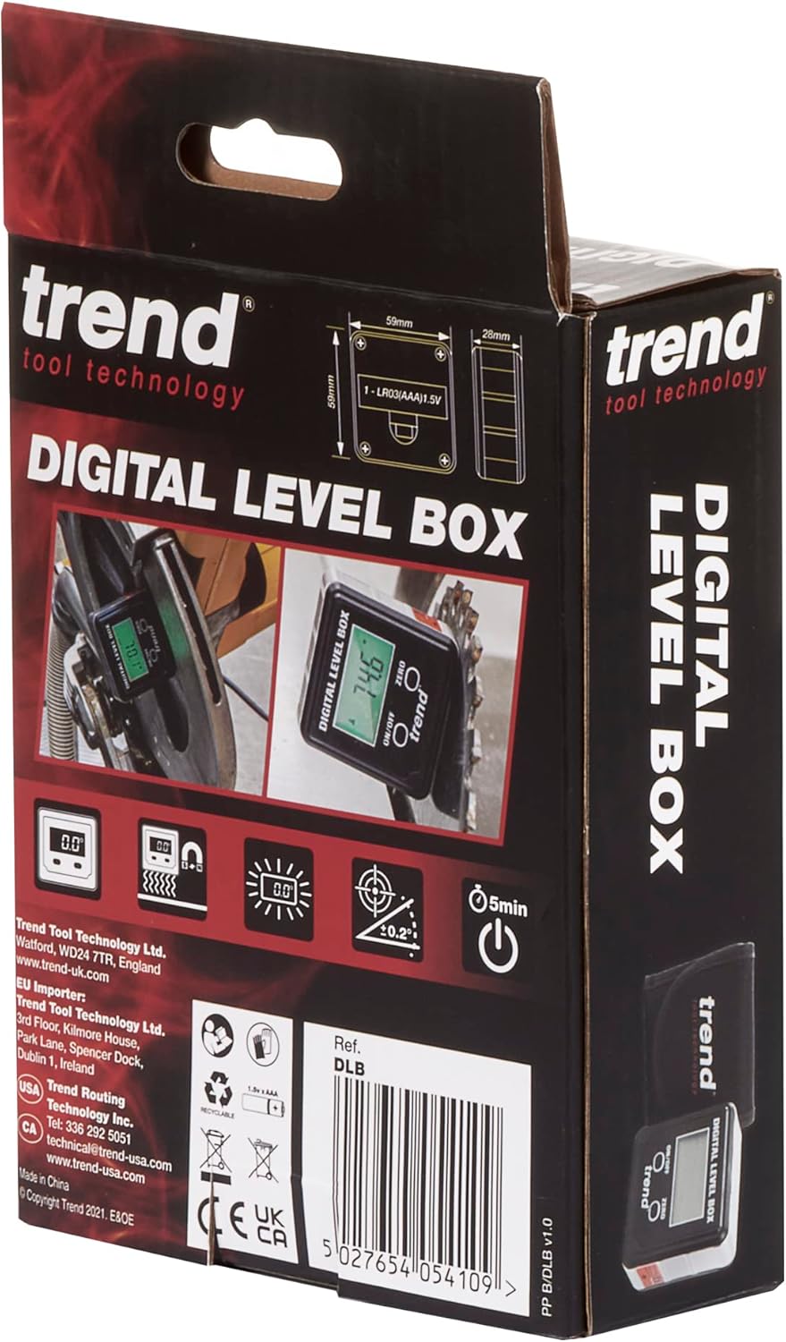 Trend Digital Level Box and Angle Finder, Magnetic Base and Backlit LCD Display for Table Saw, Miter Saw and Blade Angle Setup, Black, DLB