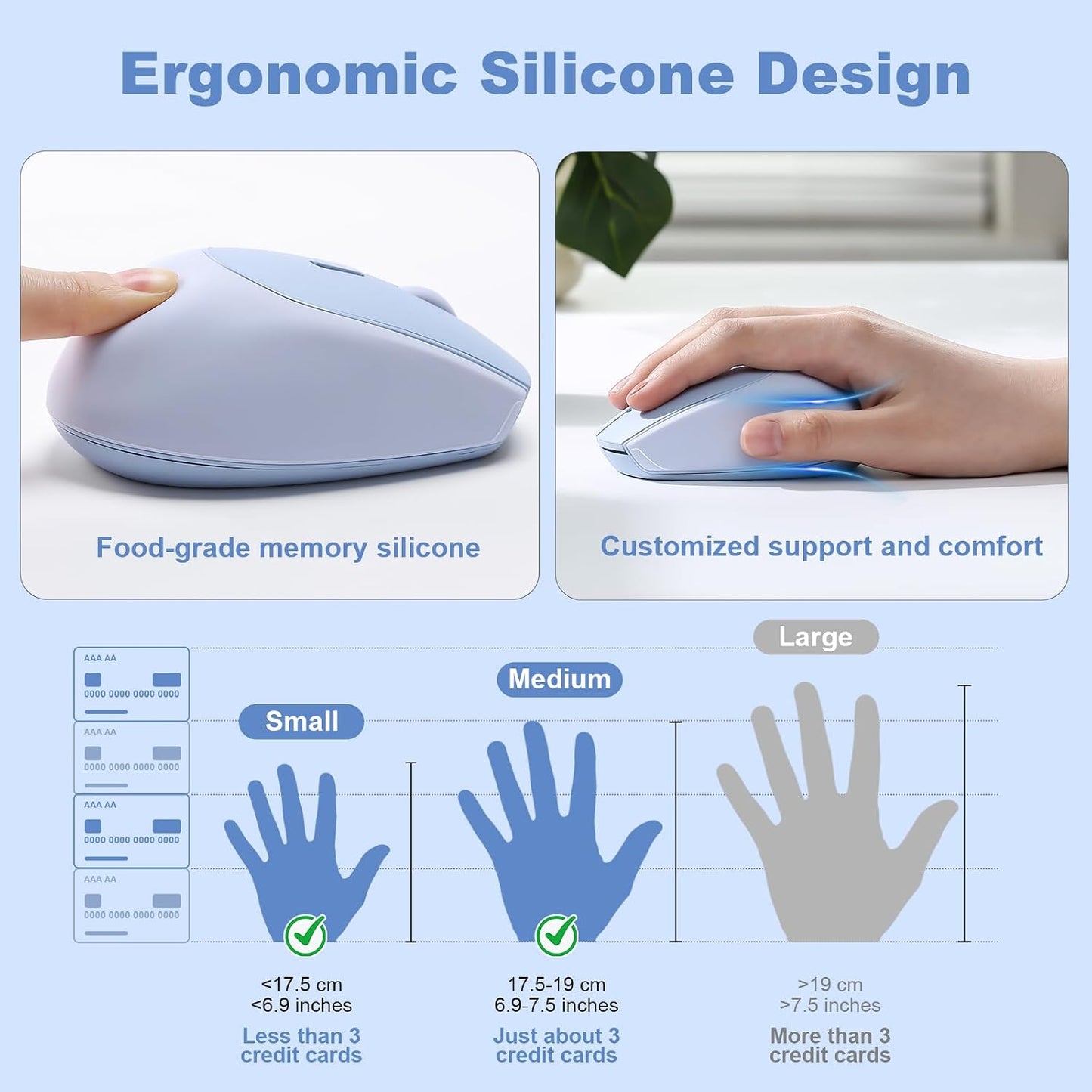YUNZII C2 Silicone Wireless Mouse 1600 DPI Optical 2.4GHz (Blue) | 2.4GHz Connection, Noiseless Computer Mice, Quiet Clicks, 3-Level DPI, Up to 1600, Optical Tracking, for Laptop/PC/Mac