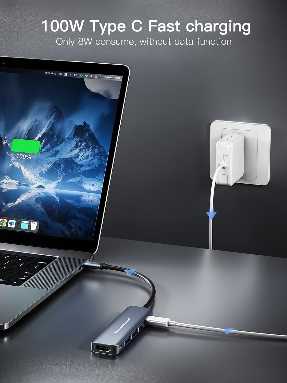 USB C HUB, DockteckExpand 5 in 1 USB-C Multiport Adapter | 4K HDMI, 100W Power Delivery, 3 USB 3.0 Data Ports for MacBook Pro/Air, iPad Pro/Air/Mini 6 and More