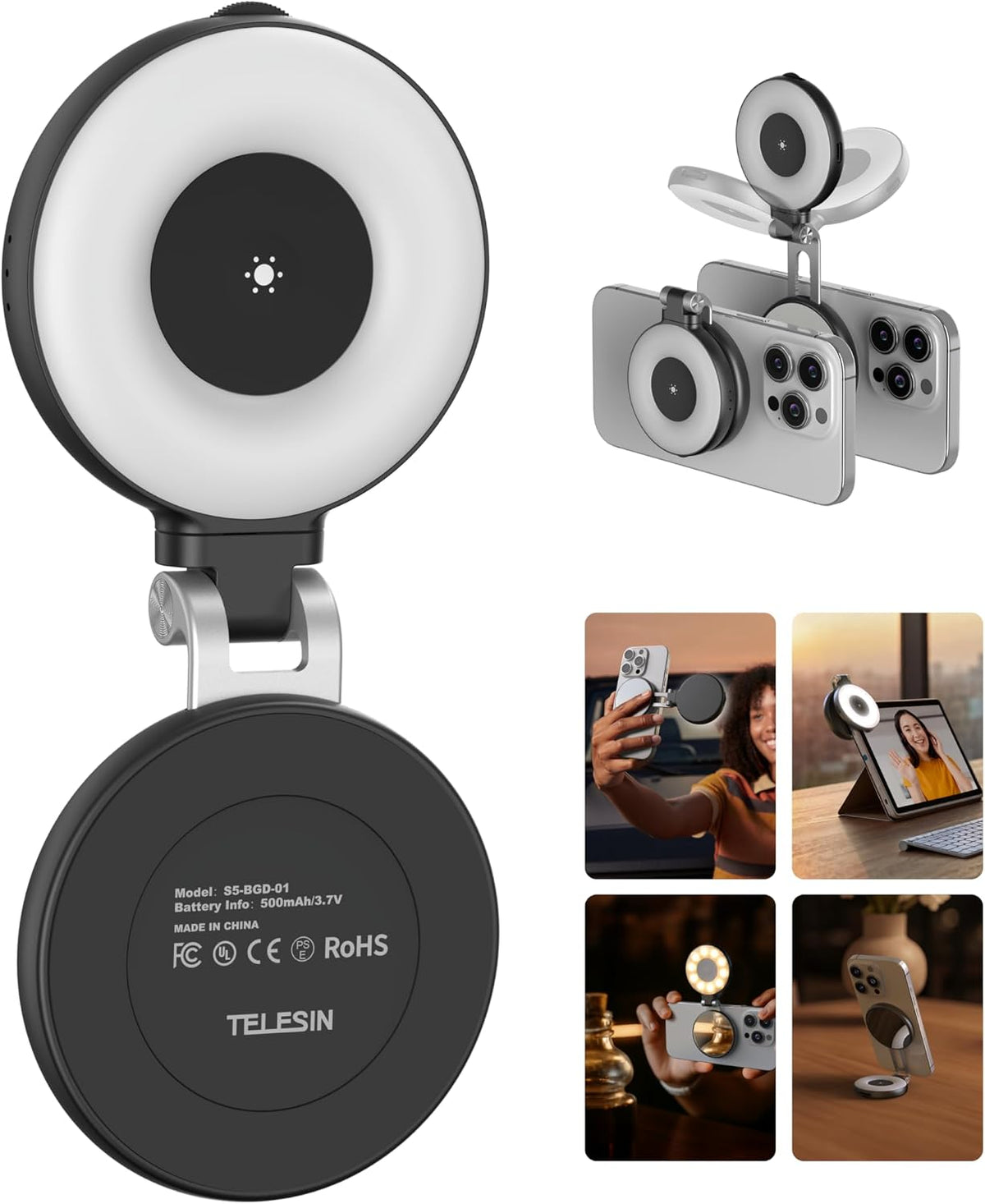 TELESIN C03 Magnetic Selfie Light, Phone Light for iPhone Magsafe | CRI97 360° LED Selfie Ring Fill Light with Mirror for Selfies/Photography/TikTok/Zoom Calls/Video Conference/YouTube