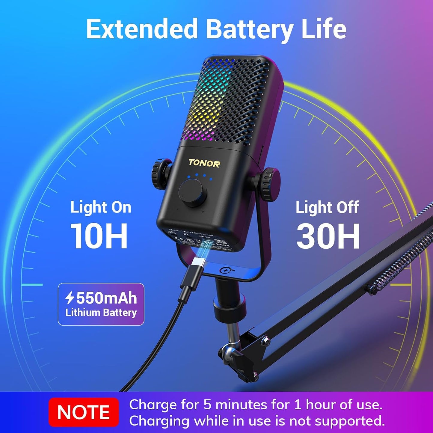 TONOR Gaming Mic Compatible with Xbox, RGB Streaming Boom Mic with 30H Battery Life, Low Noise, Monitoring, Gain Control, One Tap Mute, Fast Charging, Compatible with Capture Card TCX3+ Black