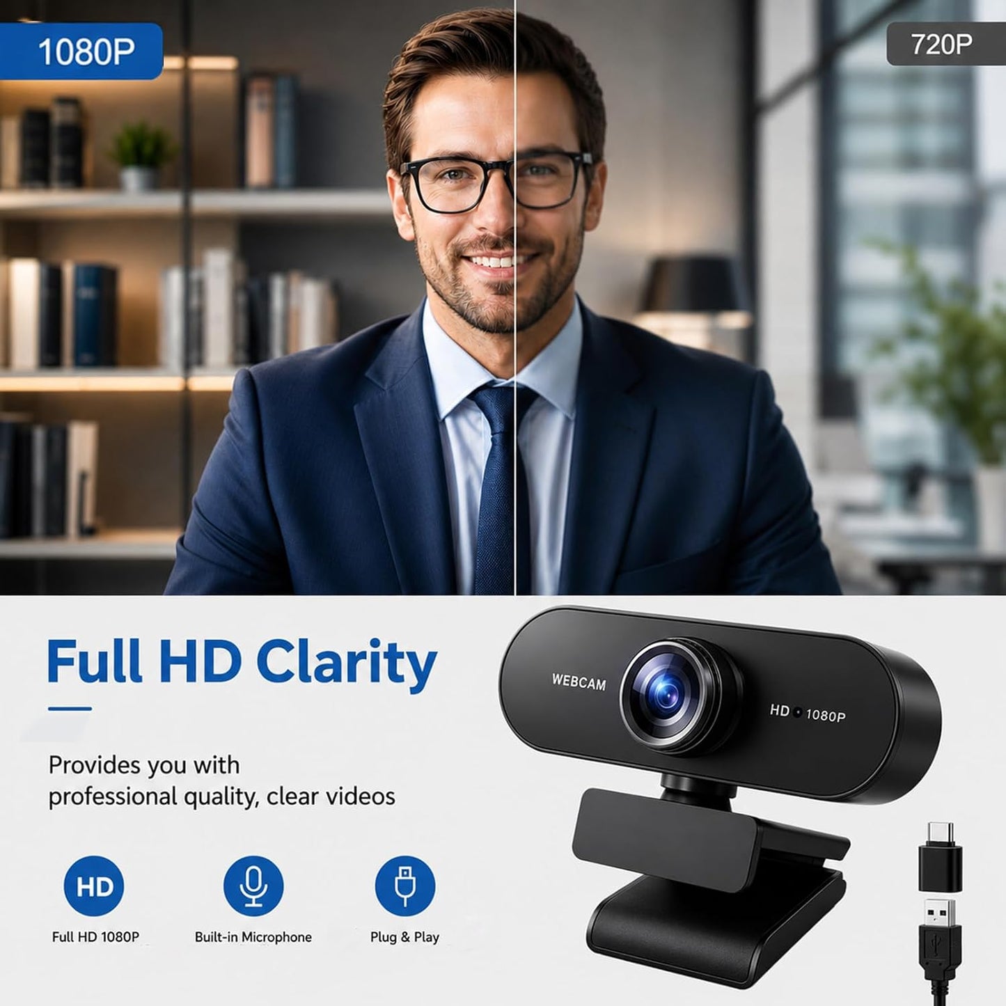 Gritto 1080P HD Webcam with Auto Focus & Microphone, 30FPS Computer Camera, USB Plug-and-Play with Type-C Adapter, 360° Rotating Webcam for Zoom Meetings, Teams, Streaming & Online Classes