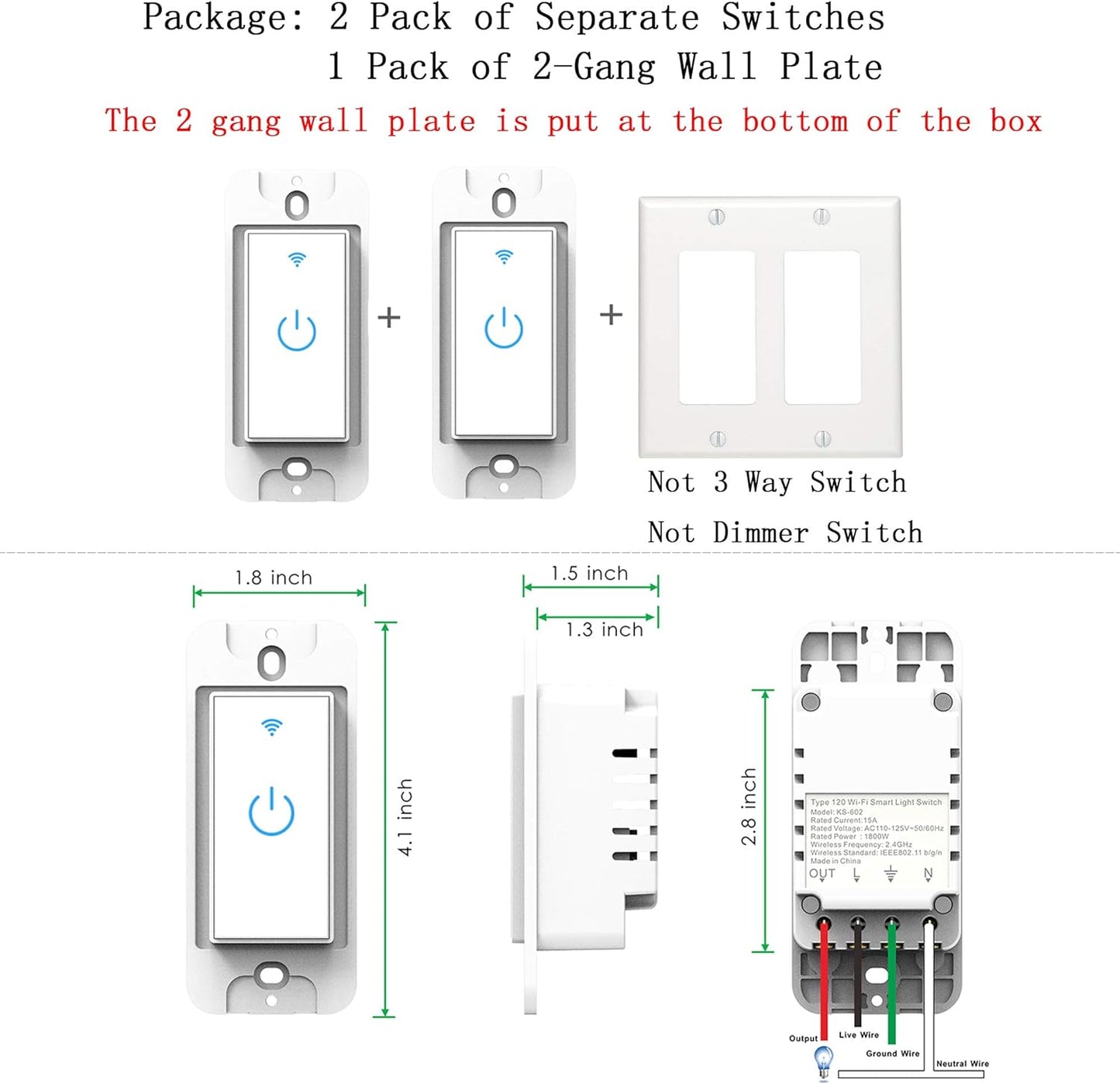 WiFi Light Switch Smart Switch 2 Gang Compatible with Alexa Google Assistant