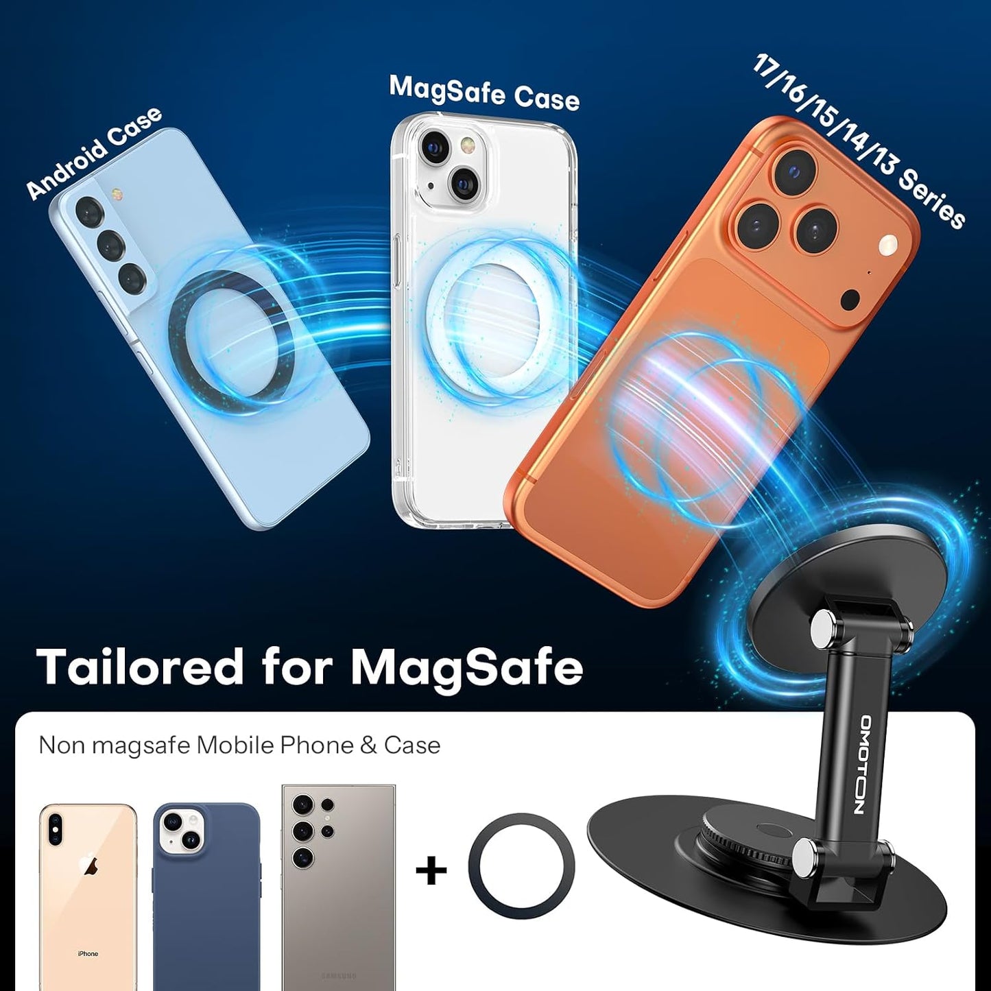 OMOTON MS05 [Height Adjustable] 360° Rotating Magnetic Phone Stand, Black | Foldable Cell Phone Stand for Desk, Office Desk Accessories Gift for iPhone 17/16/15 Pro Max Air for PC Gaming Women Men