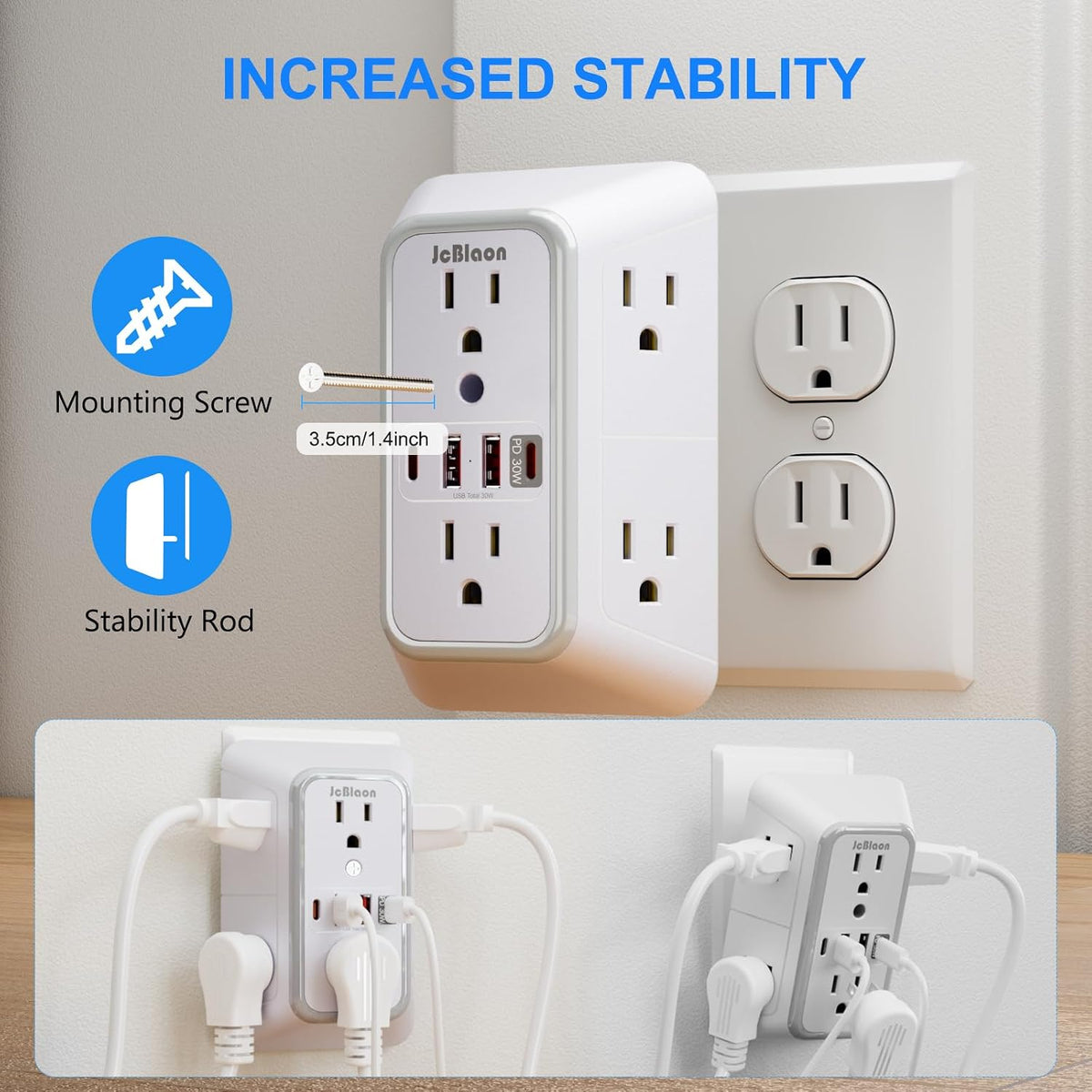 JcBlaon Surge Protector Outlet Extender 6 Outlet Extender with 4 USB Ports (PD 30W), 3 Sided 1050J Multi Plug Wall Adapter Power Strip for Home Travel Office Essentials-ETL