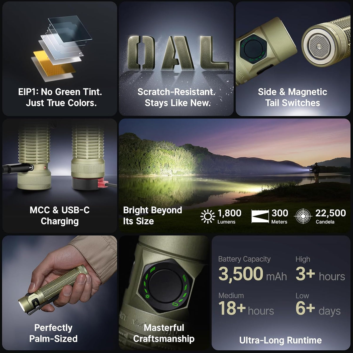 OLIGHT BatonUltra EDC Flashlight Rechargeable, Bright Pocket Flash Light | 1800 Lumens, Small LED Light, Magnetic Tail Switch, Dual Charging, IPX8 Waterproof for Home, Camping, Outdoor, Olive Green