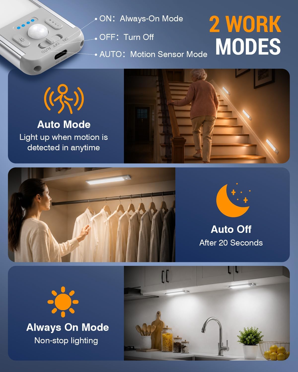 Under Cabinet Lighting Wireless, 2200mAh Motion Sensor Light Indoor, 3 Pack