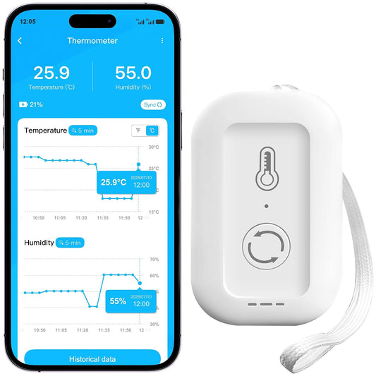 Remote WiFi Thermometer Hygrometer Sensor, App Alert, Data Log for Home | No display; app only.Smart Humidity Temperature Sensor with Data Storage. For nursery, greenhouse, humidor & wine cellar.