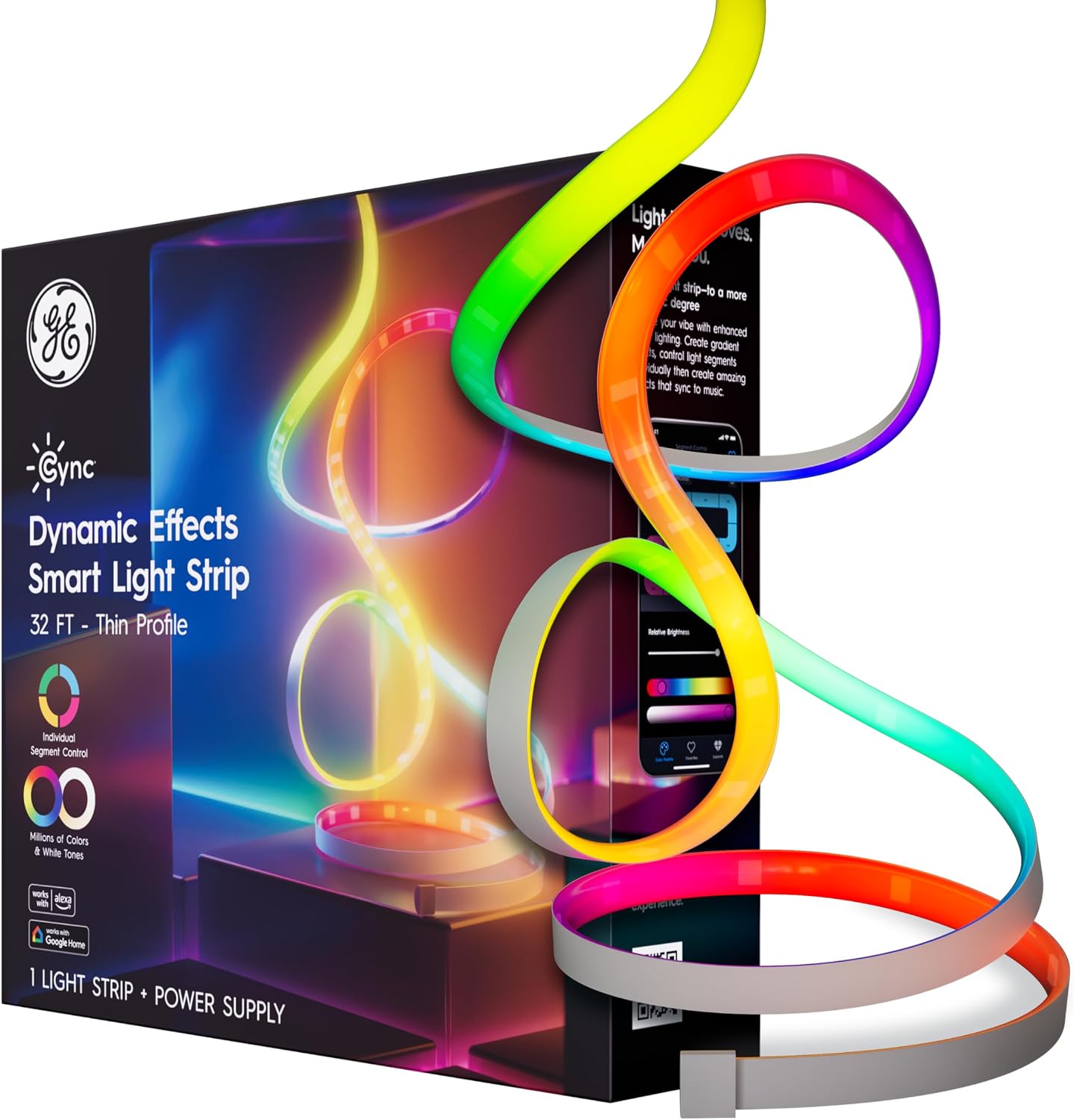 Cync GE Dynamic Effects RGB Smart LED Strip Lights, Music Sync, 32ft | Color changing WiFi strip, music sync, Alexa &amp; Google Home compatible, bedroom ambiance, indoor, 32ft with power supply