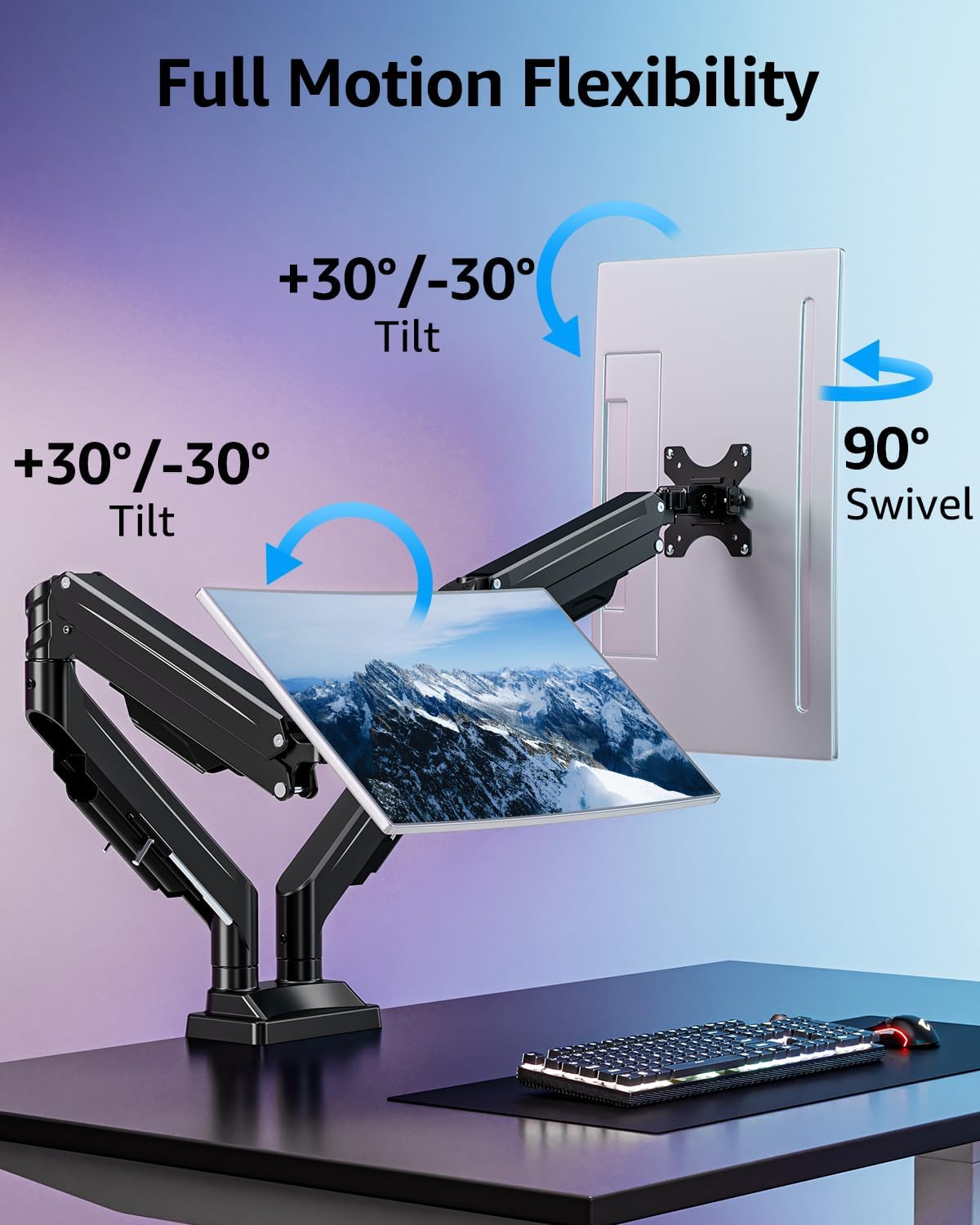 MOUNTUP Dual Monitor Stand for Max 43 inch Screens, Ultrawide Monitor Arm Height Adjustable, Heavy Duty Dual Monitor Mount, Full Motion Premium Monitors Arm, Holds 2.2 to 33 lbs, VESA Desk Mount
