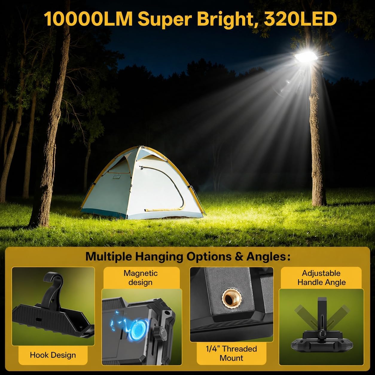 LED Work Light: Portable Rechargeable Magnetic Work Light | 10000LM output with 4 lighting modes, IP65 waterproof protection and a 13000mAh battery for garage, camping and emergency use
