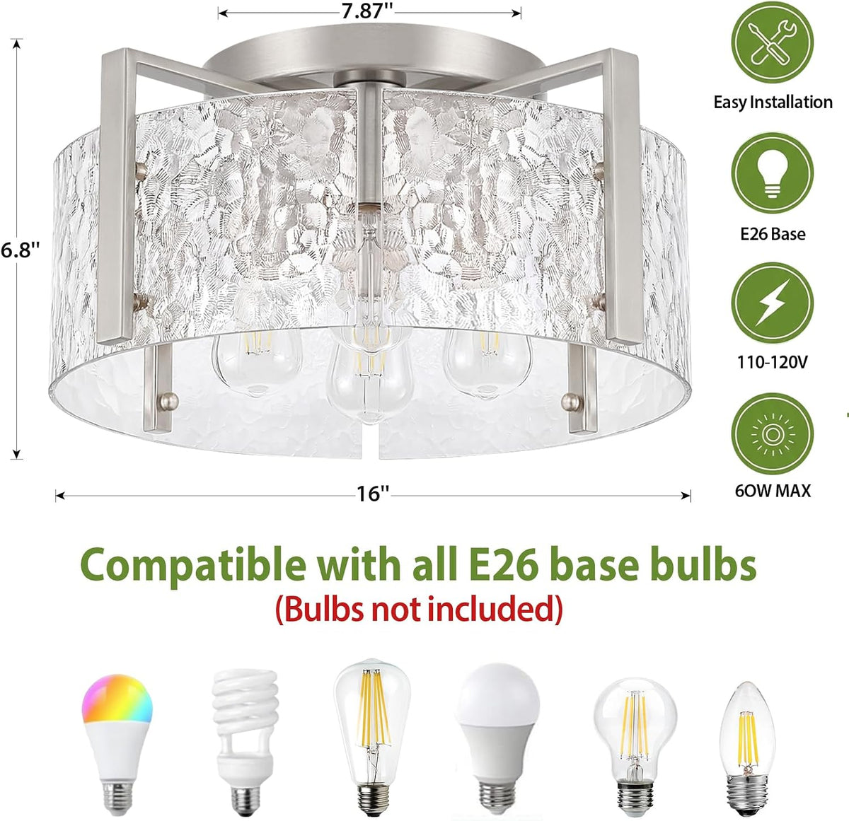 16" Semi-Flush Mount Ceiling Light, 4-Light Hammered Glass Drum Fixture