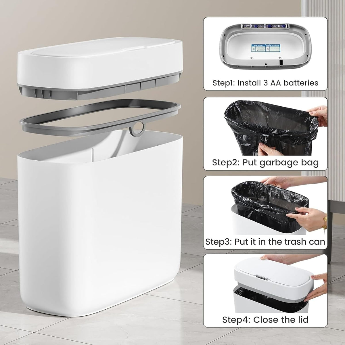 JUDRDO 3.5 Gal Slim Touchless Bathroom Trash Can, Automatic Diaper Pail