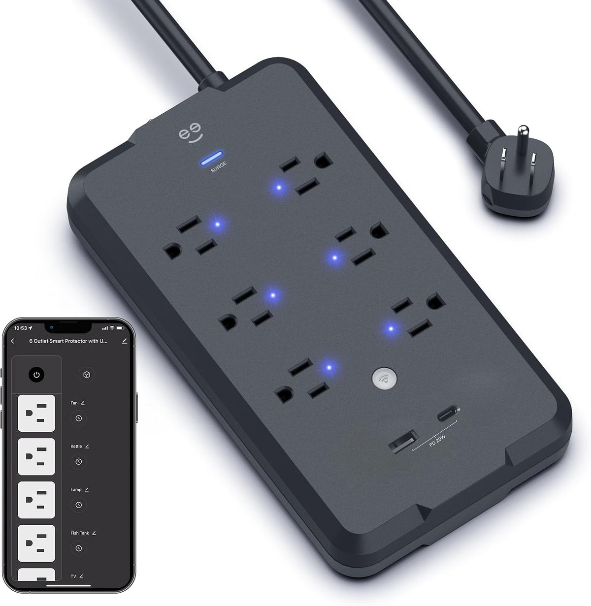 Geeni Smart Plug Power Strip, 6 Outlets & 2 USB Ports, Surge, 6 ft., Black