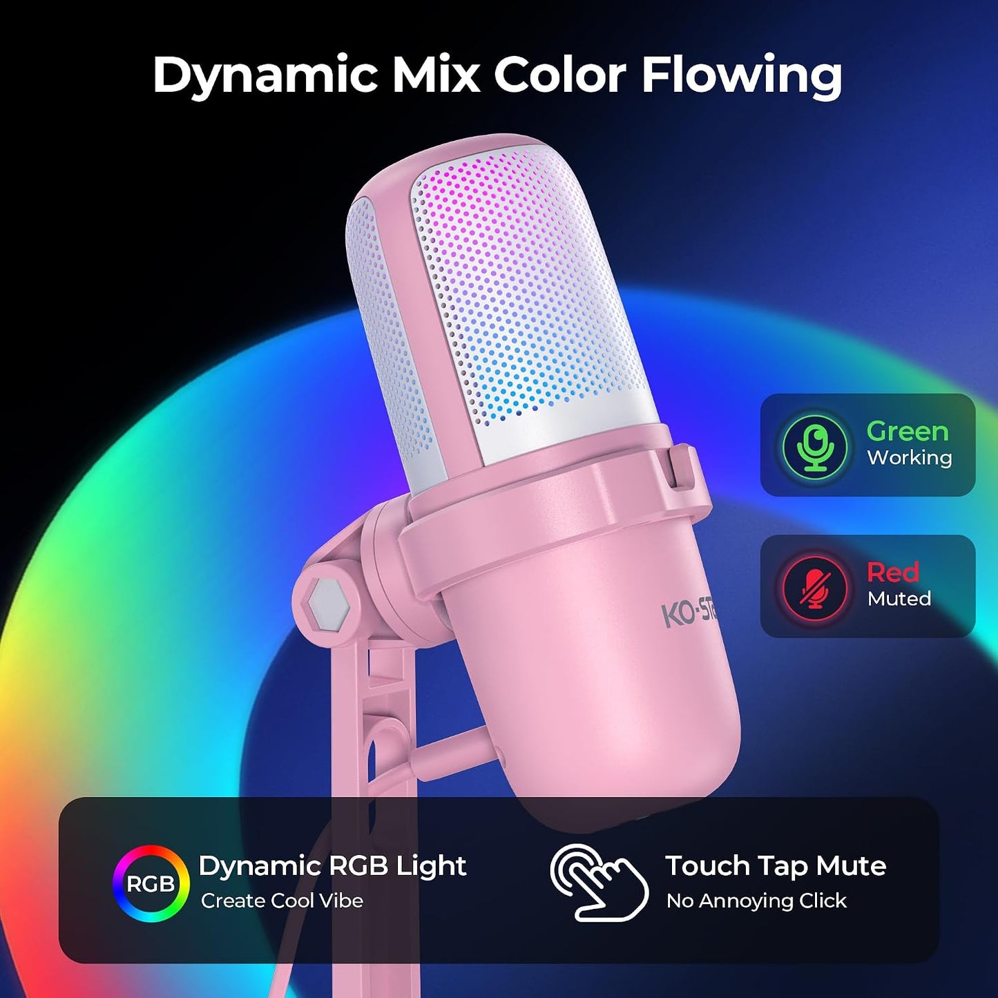 RGB USB Microphone, Pink Gaming Mic for PC, PS5, Laptop, Phone, Condenser Mic with Touch Mute, Pop Filter, Cardioid Pickup, Plug &amp; Play for Streaming, Podcast, Recording, Gaming