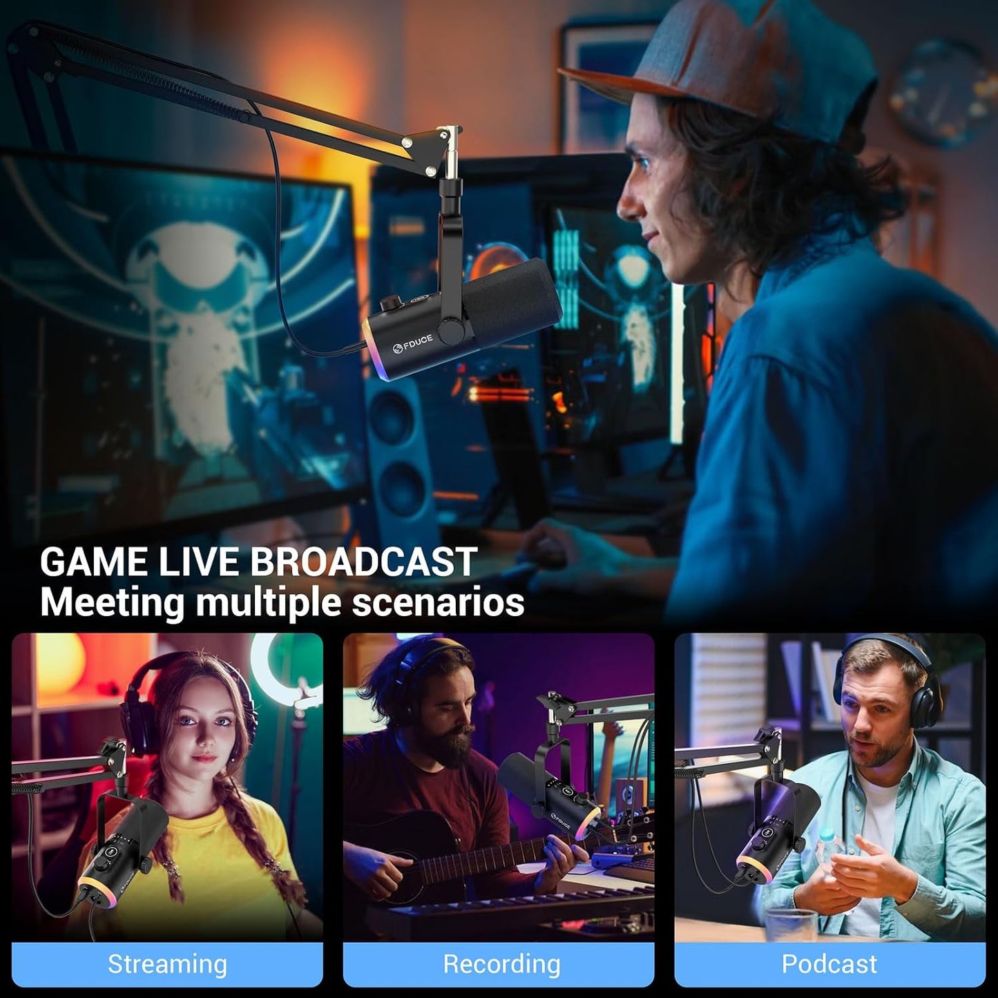 FDUCE USB/XLR Gaming Microphone kit, Dynamic PC Mic for Podcasting Streaming, Computer RGB Mic Kit with Boom Arm Stand, Mute Button and Headphone Jack, for Recording, Vocal Voice-Over (D30+)