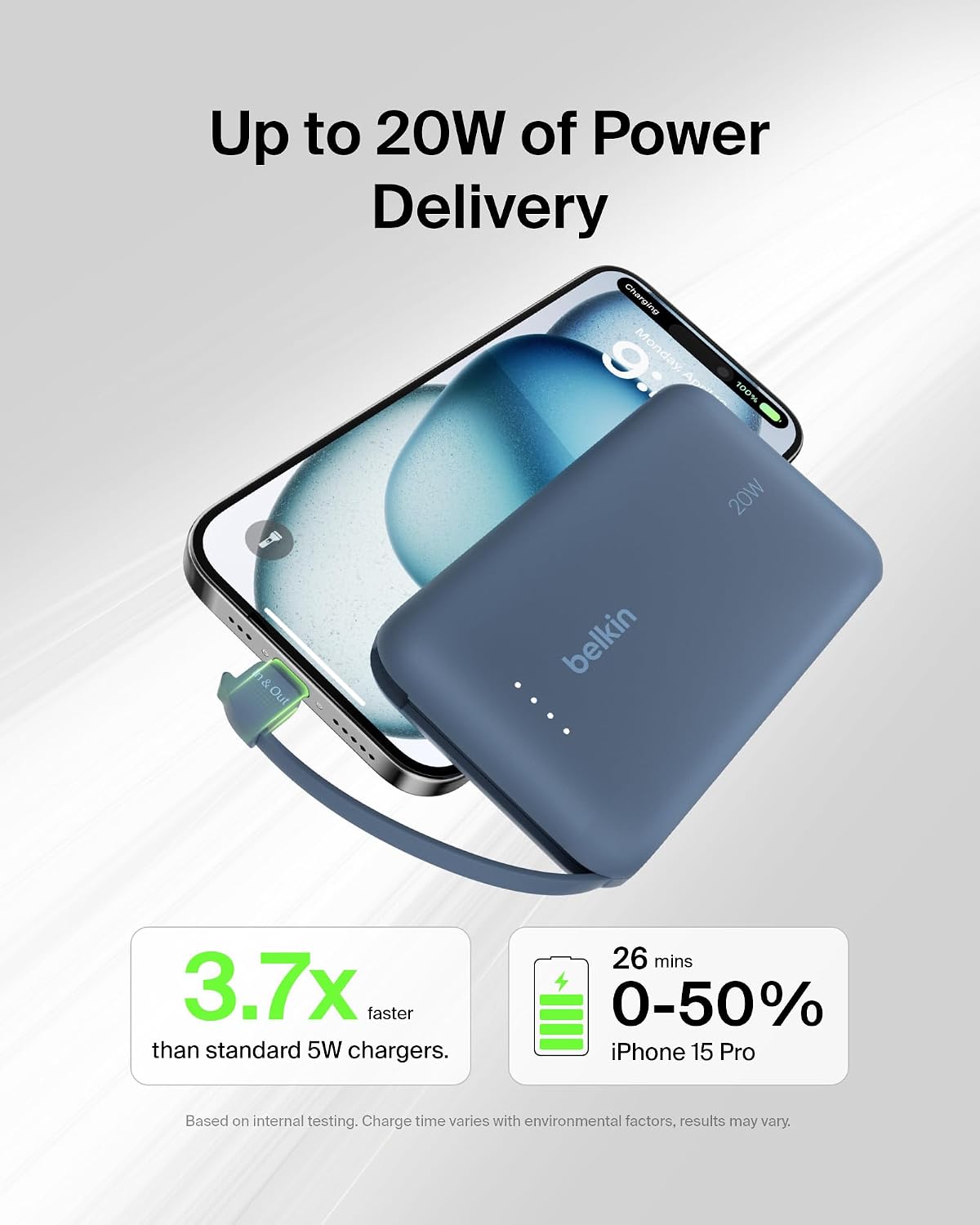 Belkin 10000mAh 20W USB C Power Bank, Portable Charger for iPhone &amp; iPad | Fast Charging, Integrated USB C Cable, Eatra USB C Port, iPhone 17, iPad, Samsung Galaxy S26, Charge 2 Devices