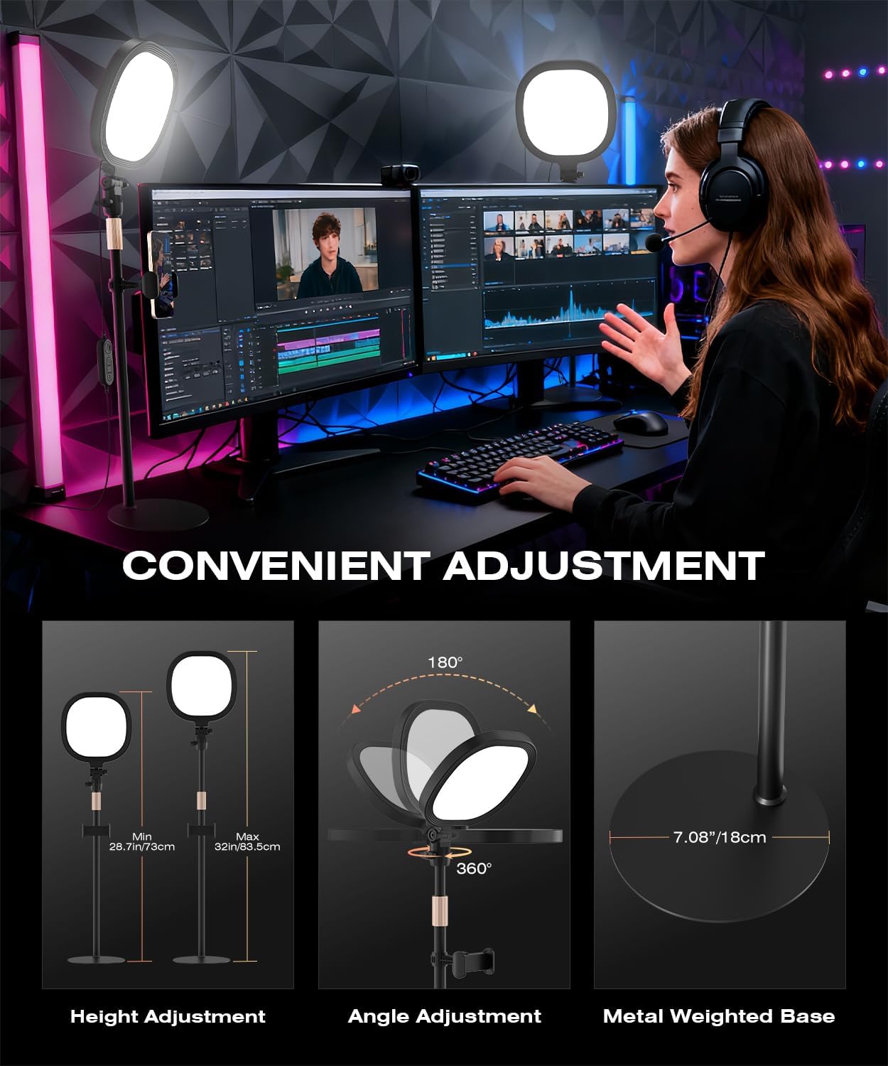 PQRQP Ring Light for Desk, Soft Lighting for Zoom & Video Calls, Selfie Light with Stand & Phone Holder, CRI 97+ Webcam Light for Recording, Streaming, Home Office