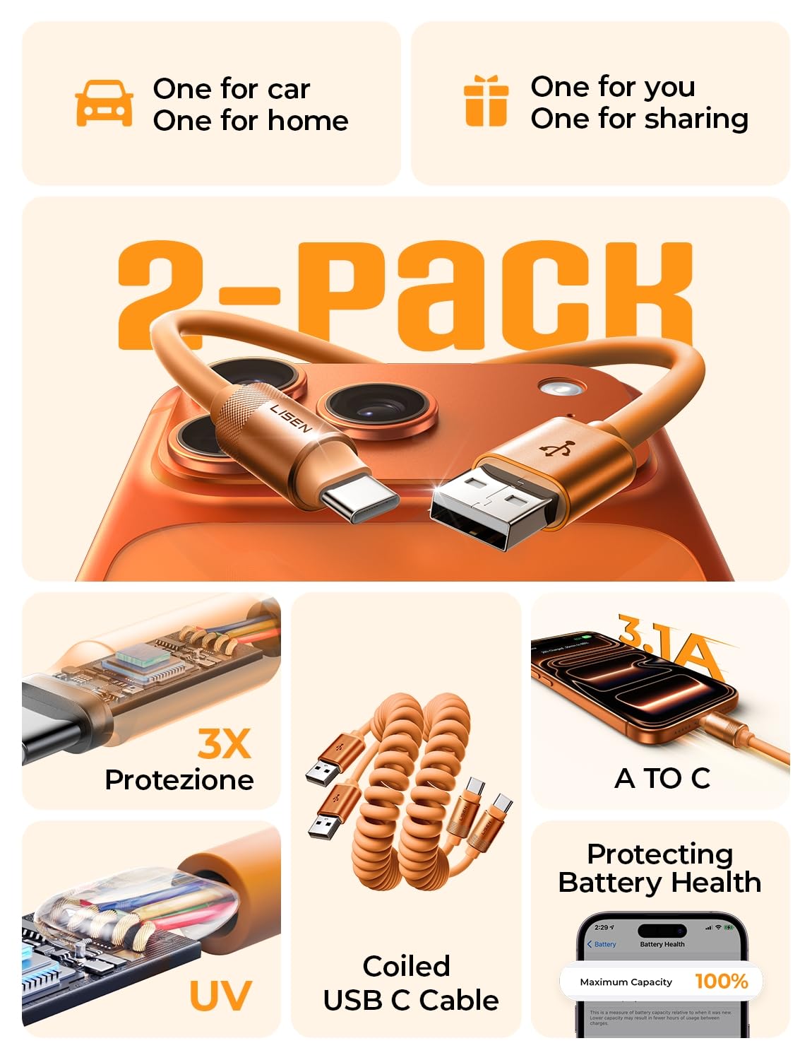 LISEN Coiled USB C Cable, 2 Pack for Android Auto & CarPlay Cable, Short Orange USB C Cable Compatible with iPhone 17 Pro Max Orange/16/15, Samsung Galaxy S25/S24/S23 A15/A14