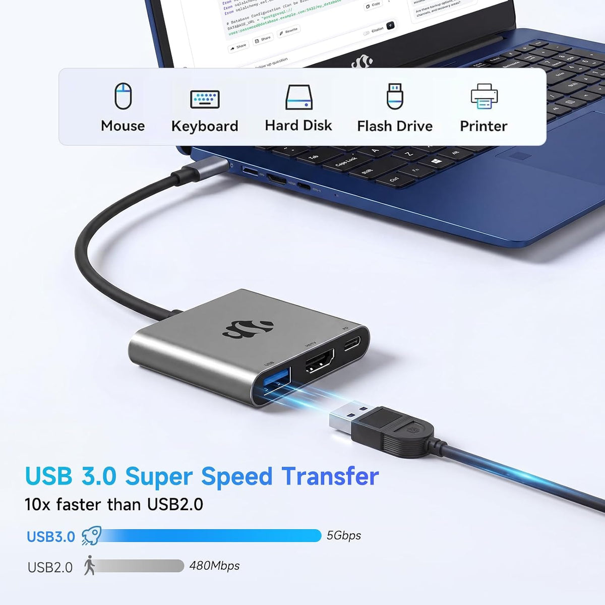 Nimo USB C to HDMI Adapter, 3 in 1 Type-C Hub Converter to 4K Output, USB 3.0 Port, 100W PD Fast Charging Port, Digital AV, Multiport for Monitor, Laptop, Tablet, Smartphone and More